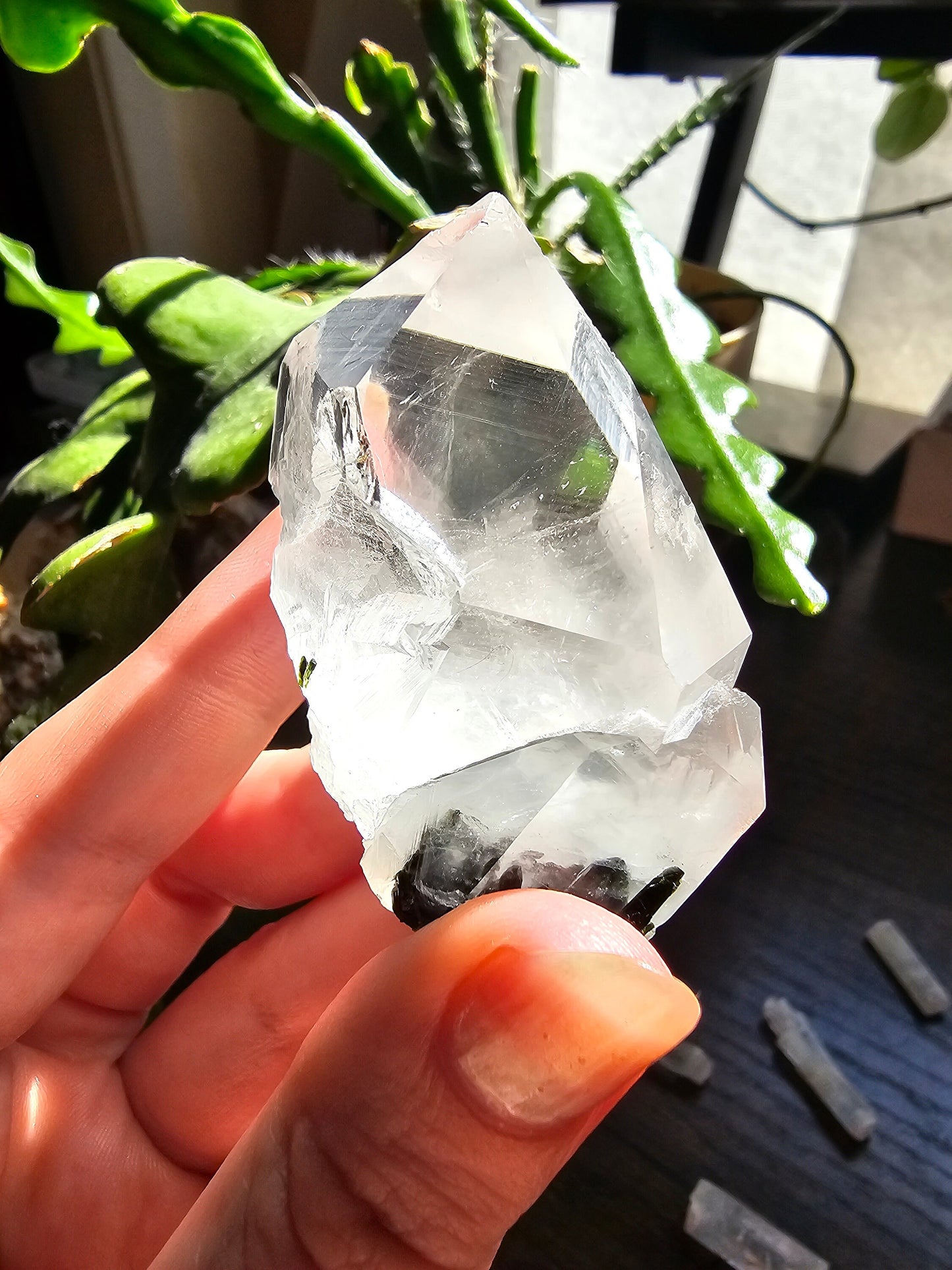 102g Clear Quartz and Epidote, Raw Rare Crystal Combo, Glassy, Terminated Specimen with Twins, Sidecar Crystal, Forest Green and White Clear