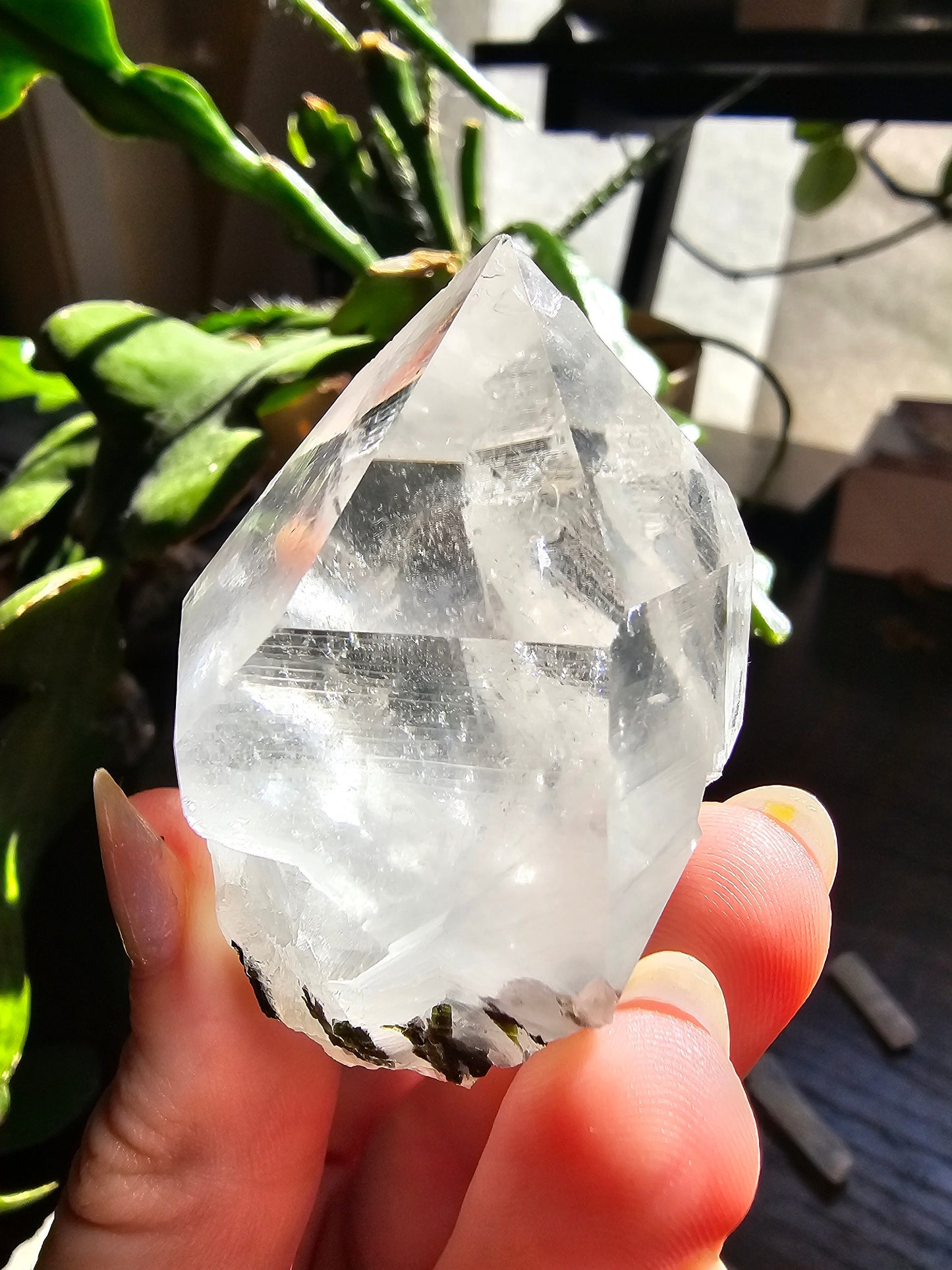 102g Clear Quartz and Epidote, Raw Rare Crystal Combo, Glassy, Terminated Specimen with Twins, Sidecar Crystal, Forest Green and White Clear