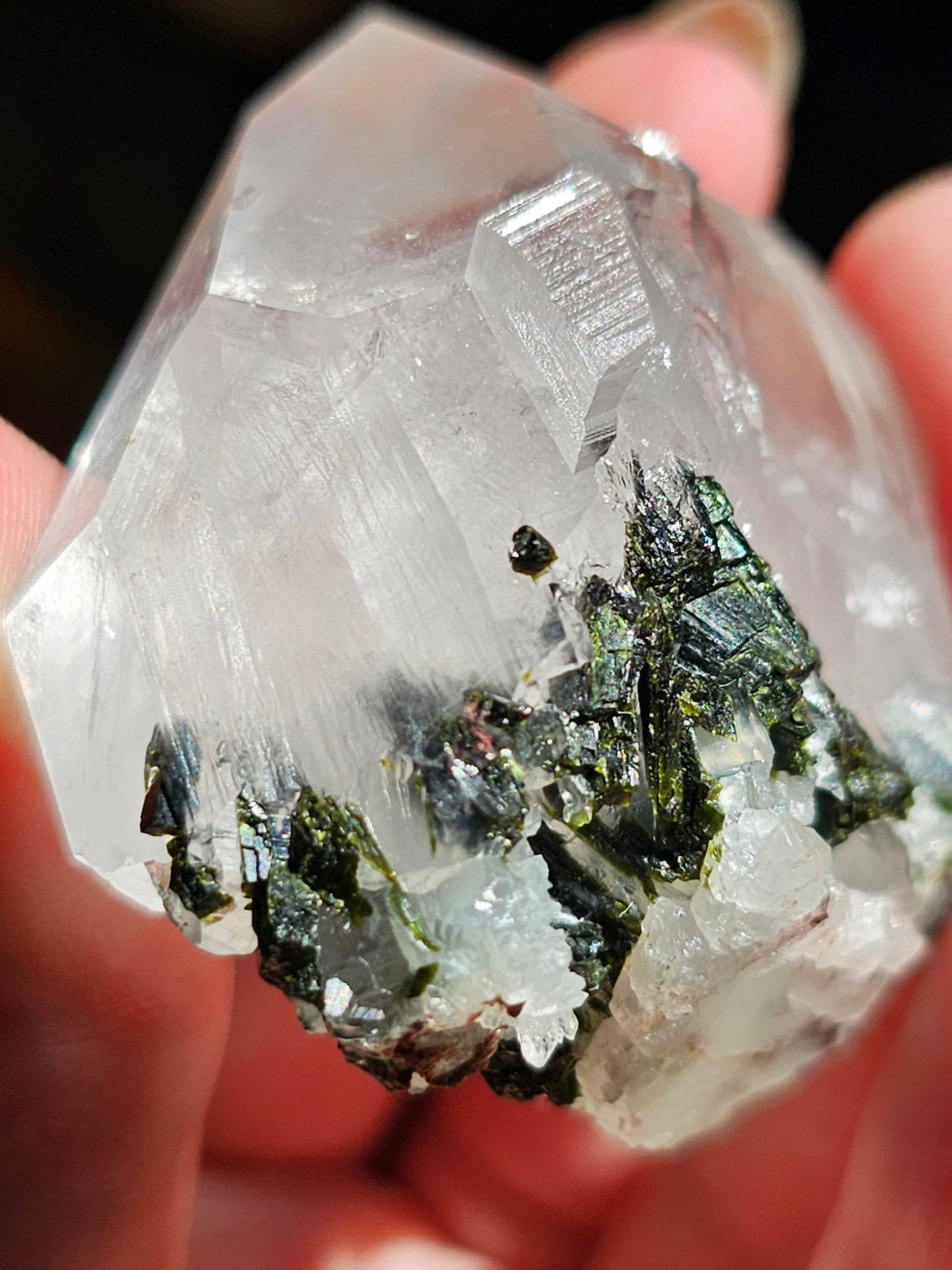 86g Clear Quartz with Epidote, Raw Rare Crystal Combo, Glassy, Terminated Specimen with Twins, Sidecar Crystal, Forest Green and White Clear