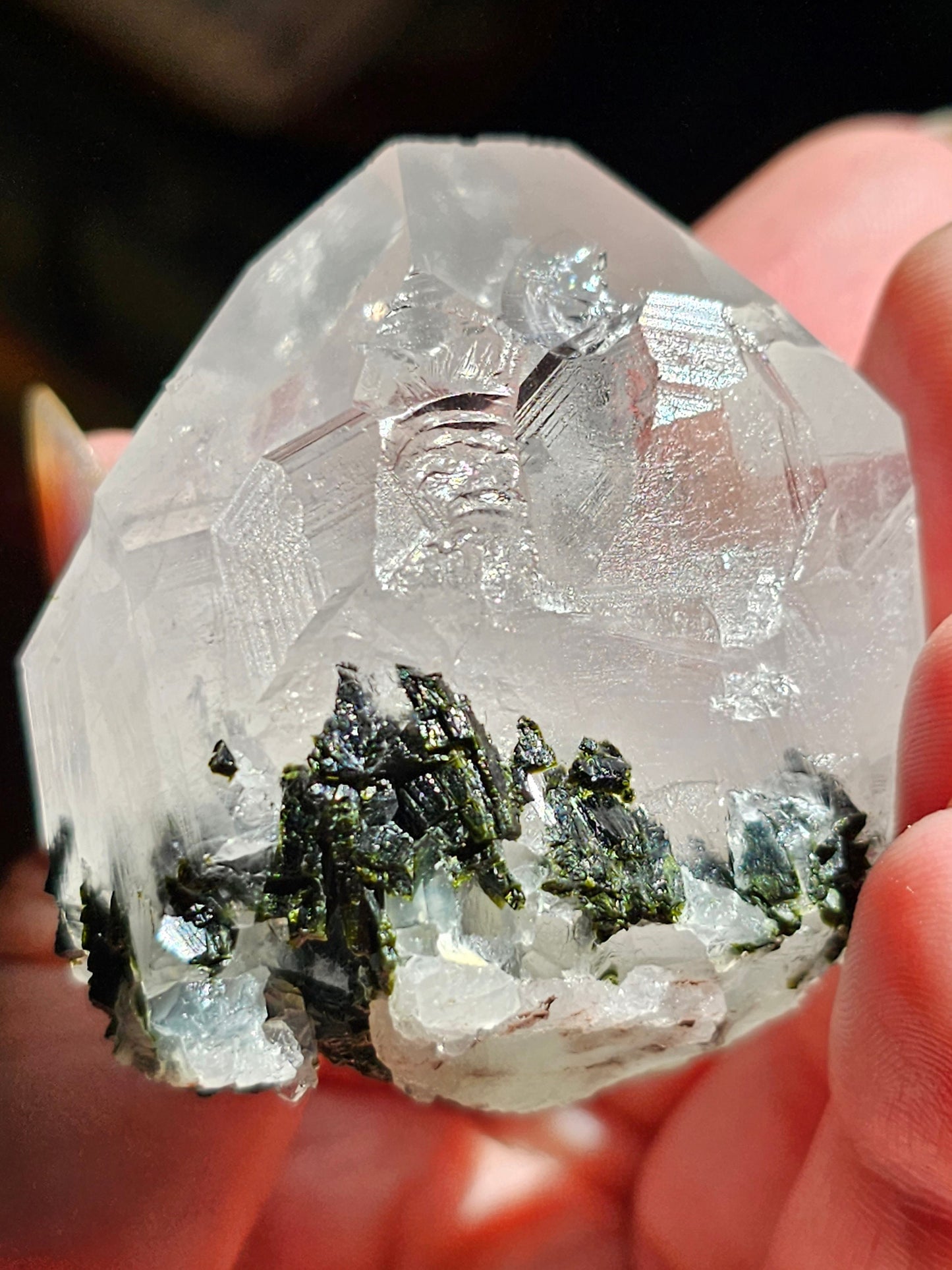 86g Clear Quartz with Epidote, Raw Rare Crystal Combo, Glassy, Terminated Specimen with Twins, Sidecar Crystal, Forest Green and White Clear
