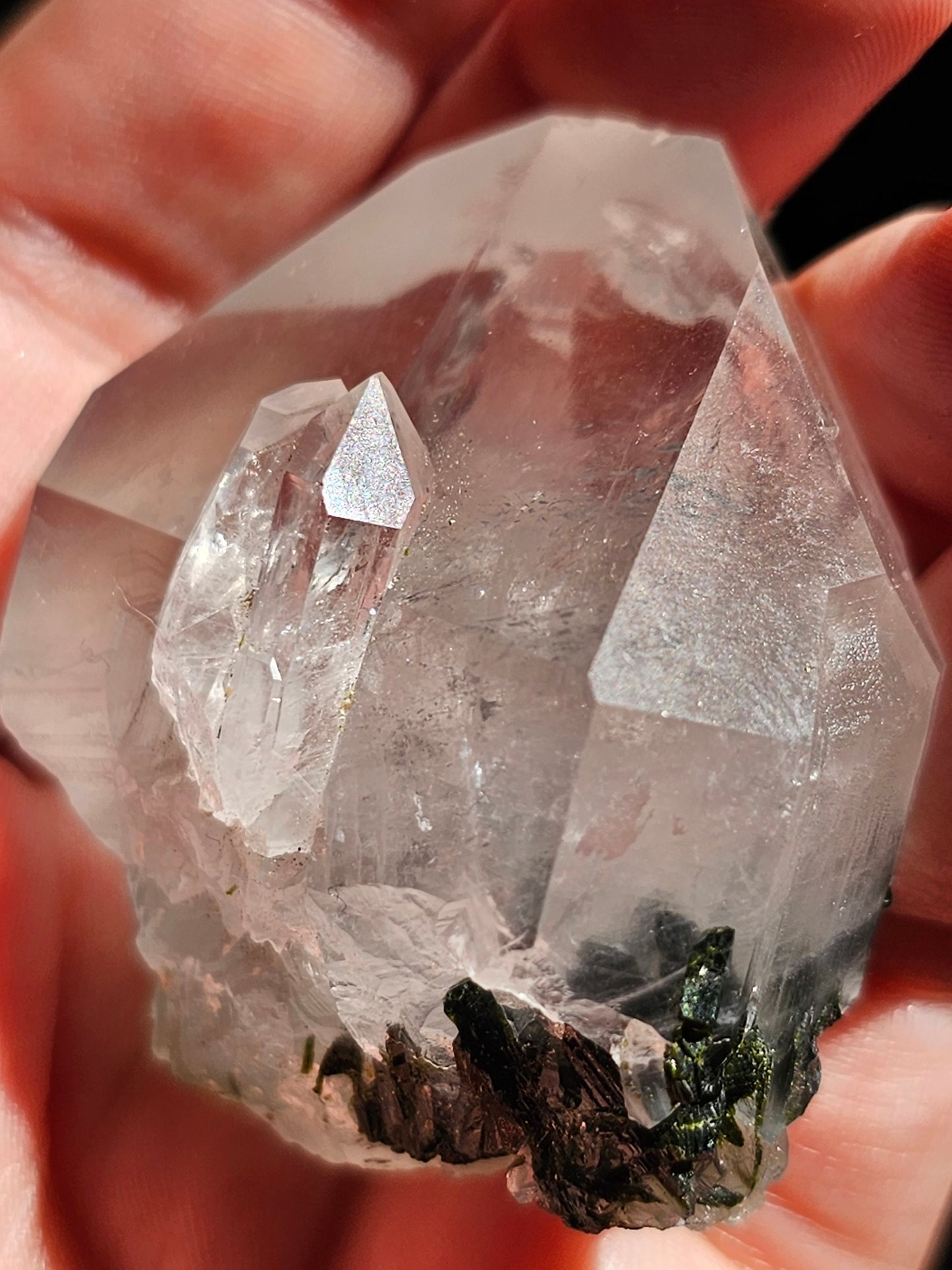 86g Clear Quartz with Epidote, Raw Rare Crystal Combo, Glassy, Terminated Specimen with Twins, Sidecar Crystal, Forest Green and White Clear