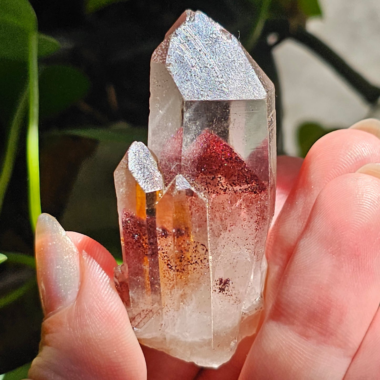 Hematite Phantom Quartz, 'Sunset Fire' Phantom India, Water Clear High Grade Collector Crystal, Red Glitter Pyramid Inside Raw Rare Specimen