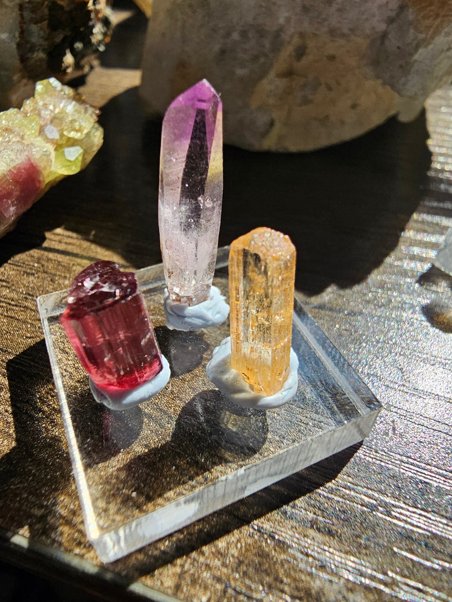 Colorful Gemstones Set, Cute Raw Precious Stone Crystals | Rubellite Tourmaline, Imperial Topaz Brazil, & Purple Vera Cruz Amethyst Point