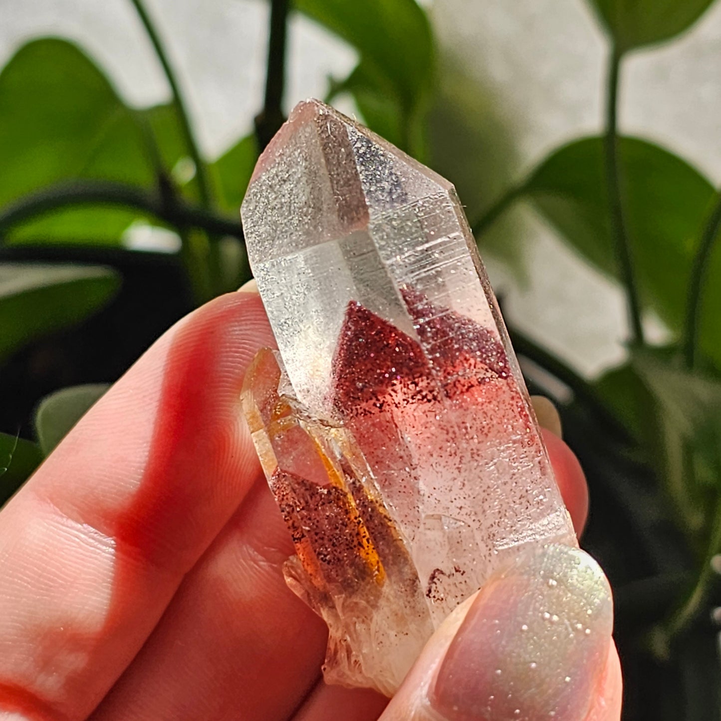 Hematite Phantom Quartz, 'Sunset Fire' Phantom India, Water Clear High Grade Collector Crystal, Red Glitter Pyramid Inside Raw Rare Specimen