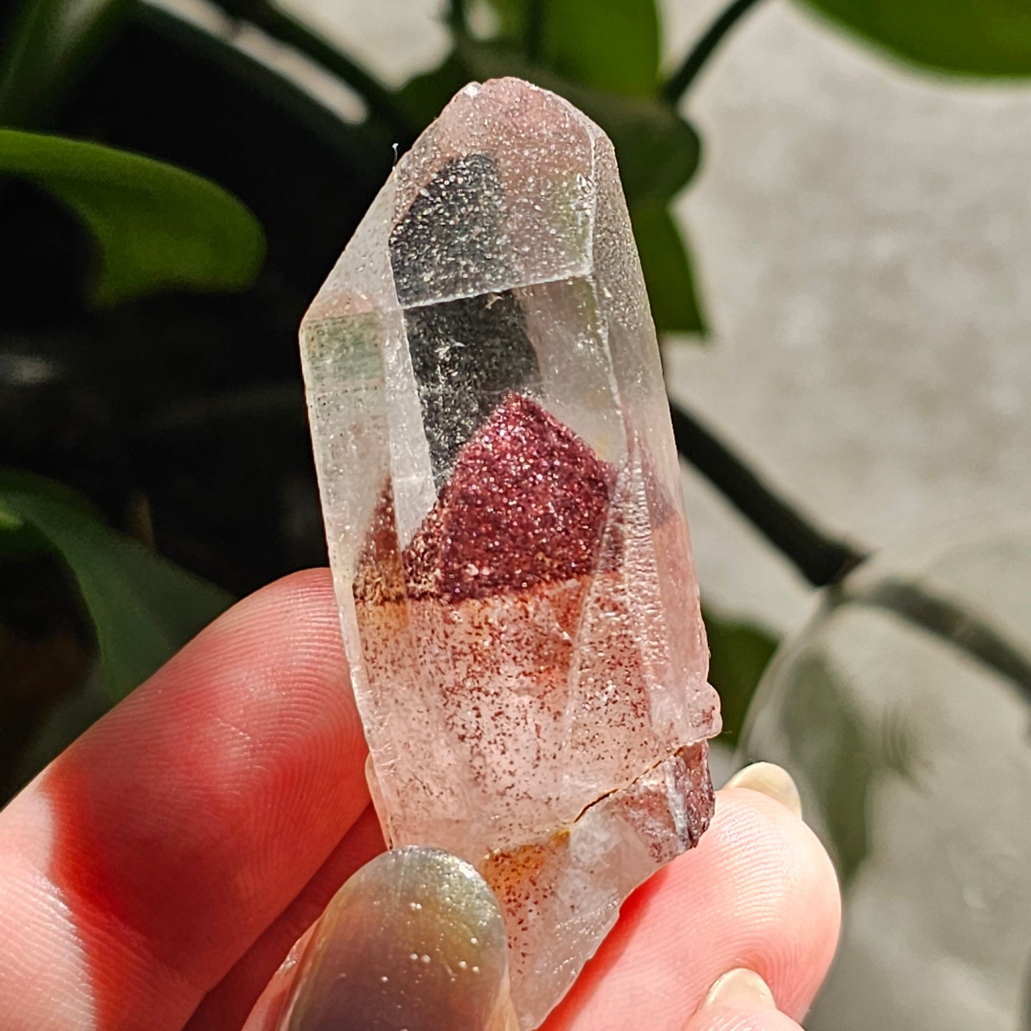 Hematite Phantom Quartz, 'Sunset Fire' Phantom India, Water Clear High Grade Collector Crystal, Red Glitter Pyramid Inside Raw Rare Specimen