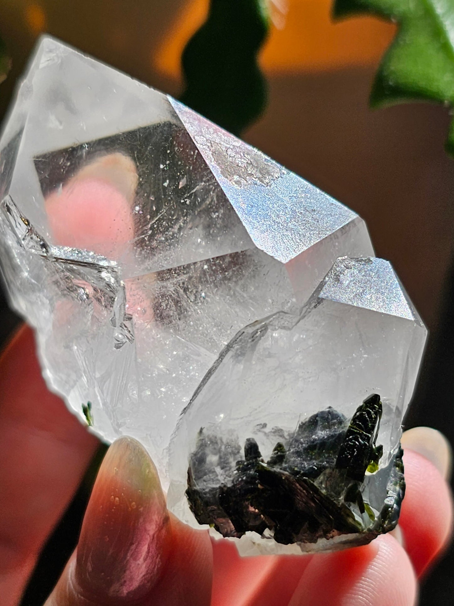 102g Clear Quartz and Epidote, Raw Rare Crystal Combo, Glassy, Terminated Specimen with Twins, Sidecar Crystal, Forest Green and White Clear