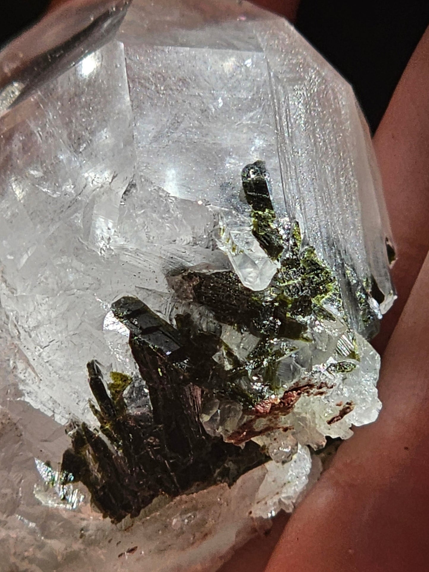 86g Clear Quartz with Epidote, Raw Rare Crystal Combo, Glassy, Terminated Specimen with Twins, Sidecar Crystal, Forest Green and White Clear