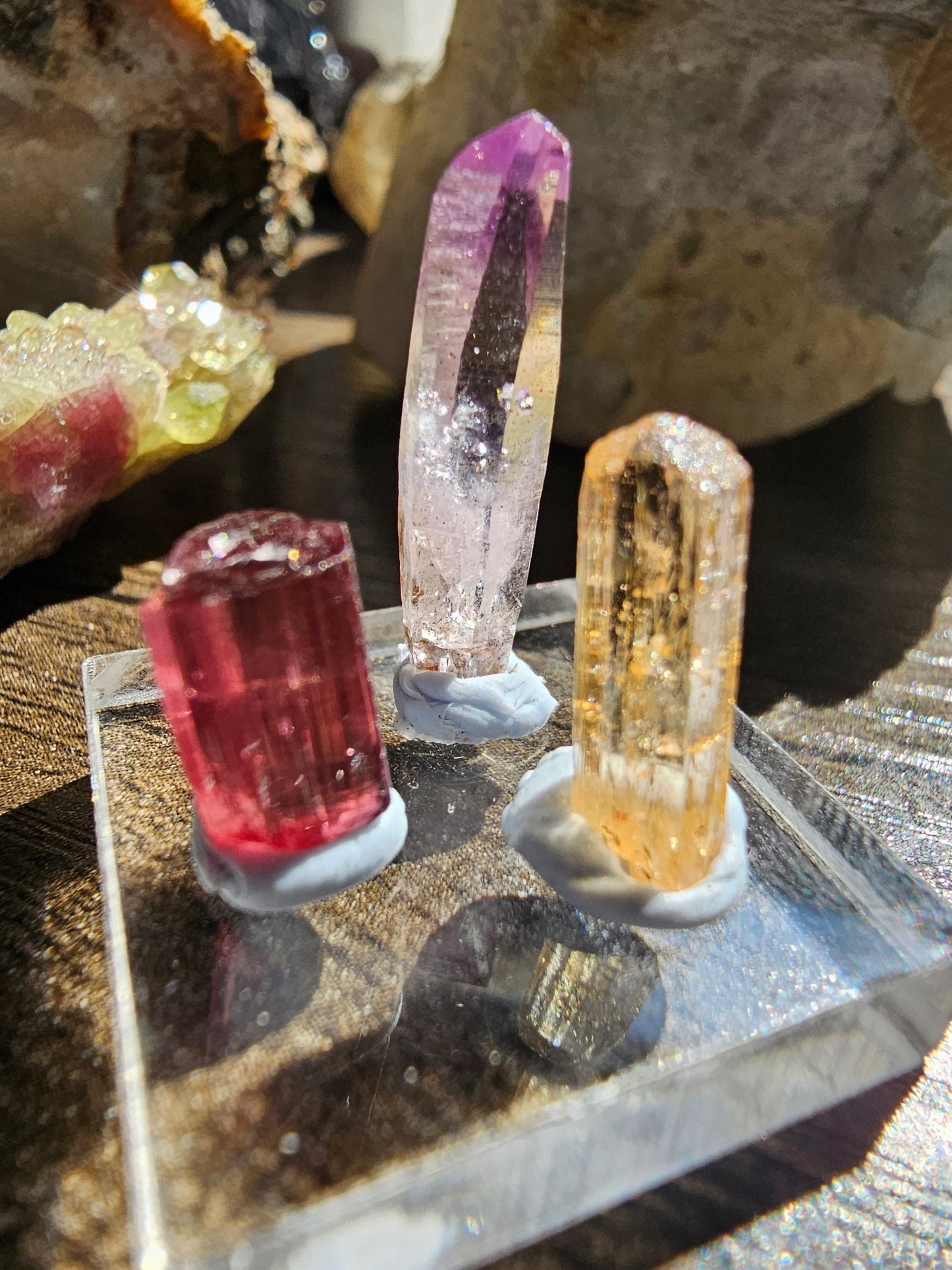 Colorful Gemstones Set, Cute Raw Precious Stone Crystals | Rubellite Tourmaline, Imperial Topaz Brazil, & Purple Vera Cruz Amethyst Point