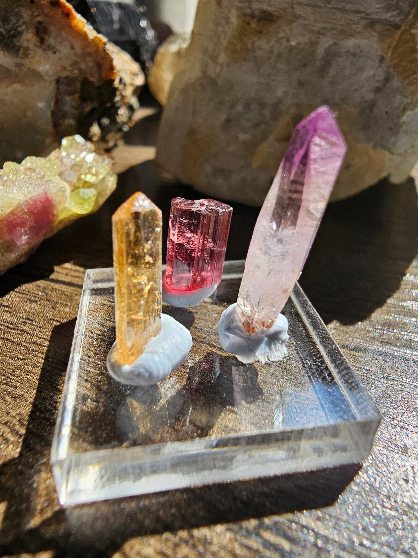 Colorful Gemstones Set, Cute Raw Precious Stone Crystals | Rubellite Tourmaline, Imperial Topaz Brazil, & Purple Vera Cruz Amethyst Point
