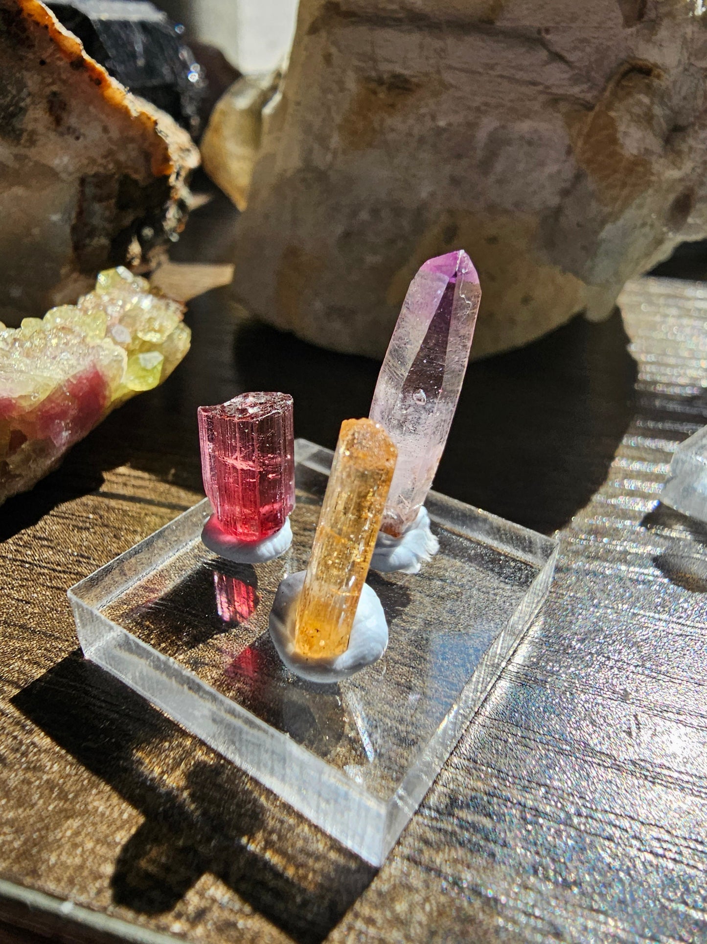 Colorful Gemstones Set, Cute Raw Precious Stone Crystals | Rubellite Tourmaline, Imperial Topaz Brazil, & Purple Vera Cruz Amethyst Point