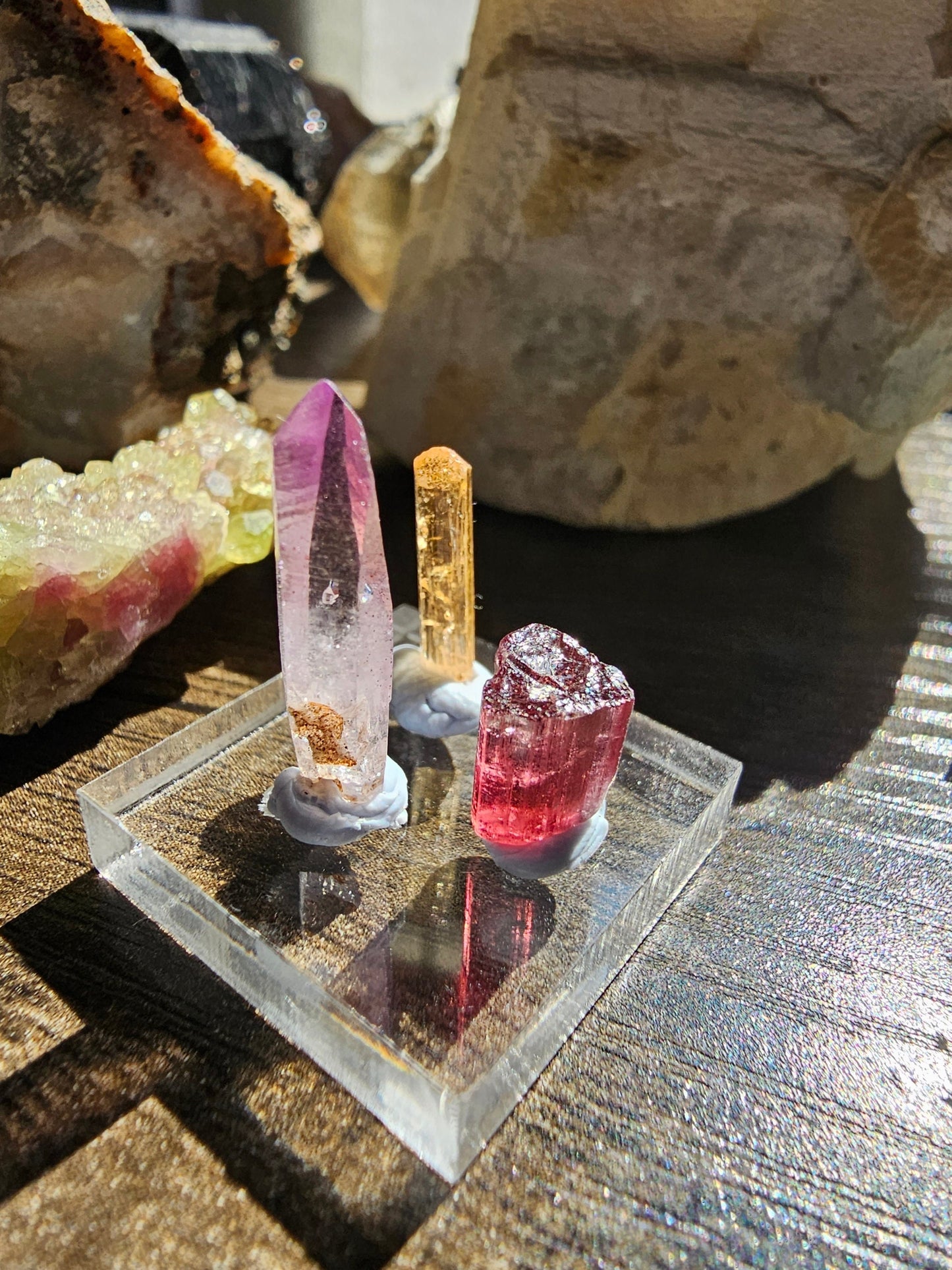 Colorful Gemstones Set, Cute Raw Precious Stone Crystals | Rubellite Tourmaline, Imperial Topaz Brazil, & Purple Vera Cruz Amethyst Point