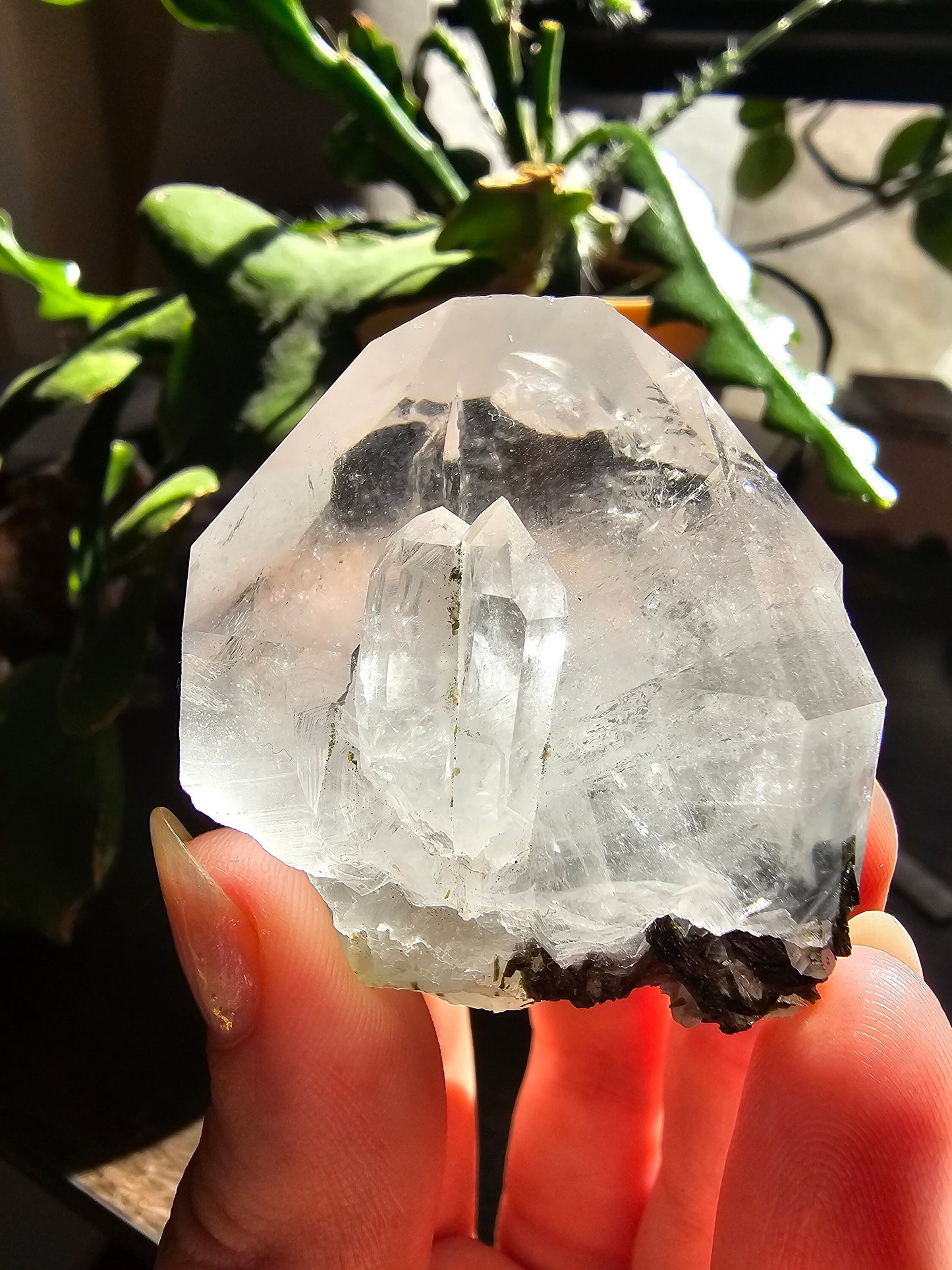 86g Clear Quartz with Epidote, Raw Rare Crystal Combo, Glassy, Terminated Specimen with Twins, Sidecar Crystal, Forest Green and White Clear