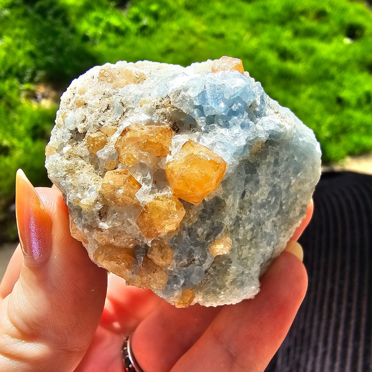 Orange Garnet on Blue Calcite, Rare Old Stock High Color Contrast, Natural Mineral Crystal Specimen from Kenya
