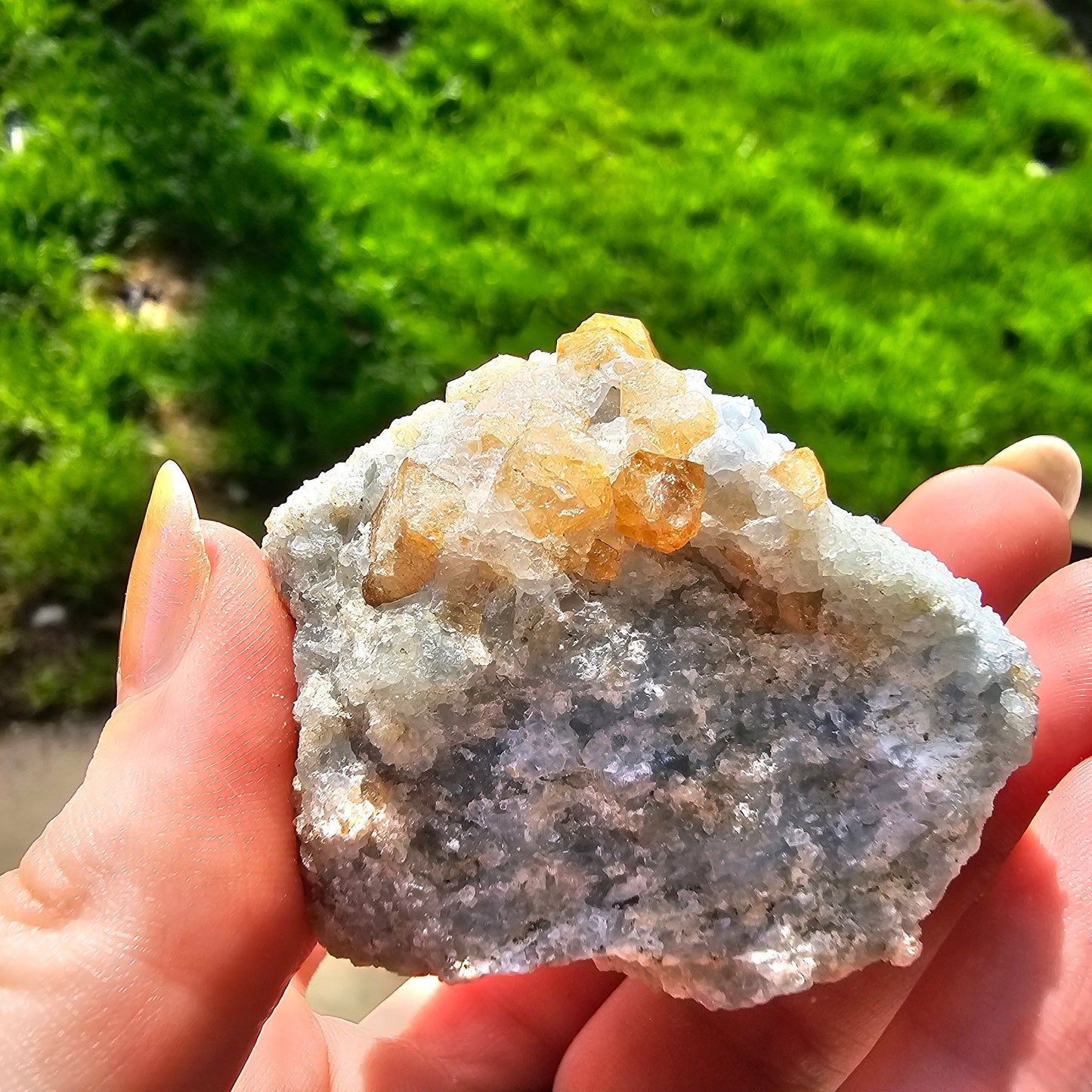 Orange Garnet on Blue Calcite, Rare Old Stock High Color Contrast, Natural Mineral Crystal Specimen from Kenya