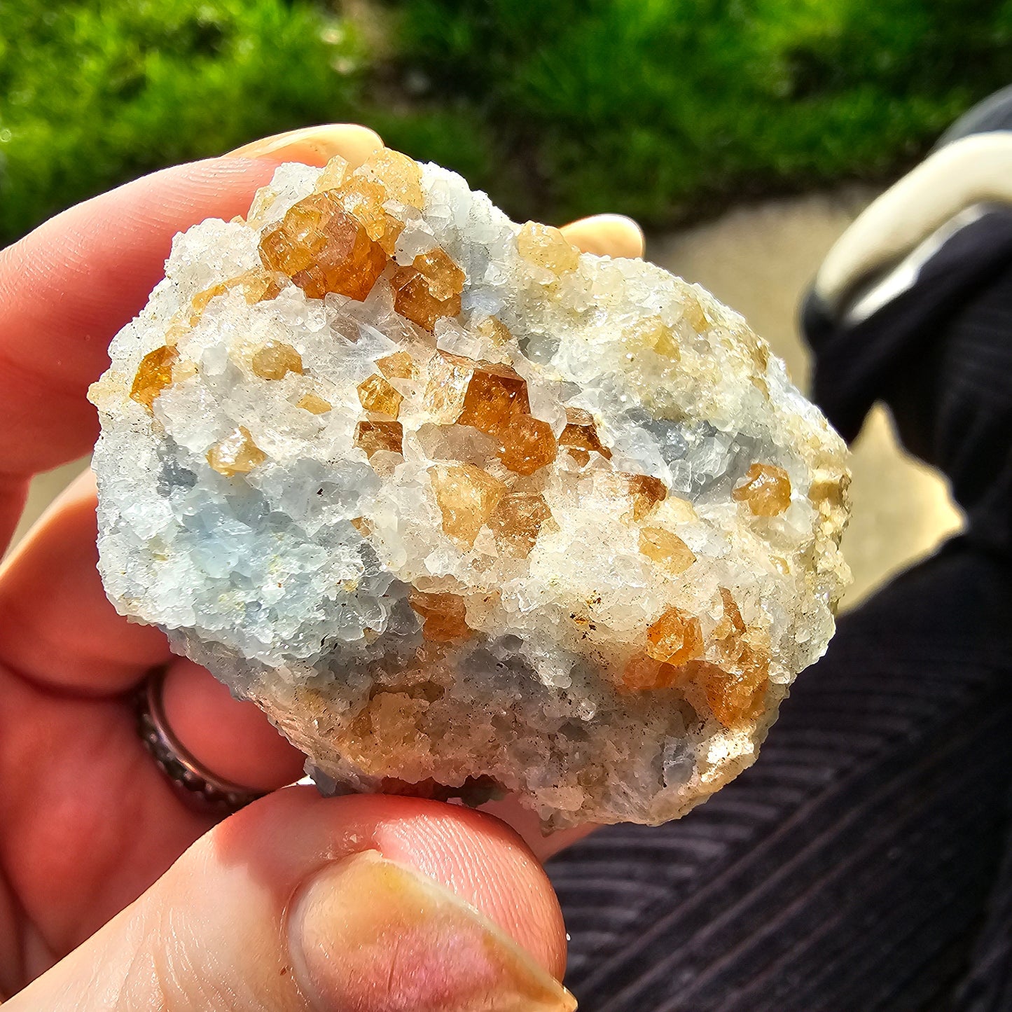 Orange Garnet on Blue Calcite, Rare Old Stock High Color Contrast, Natural Mineral Crystal Specimen from Kenya