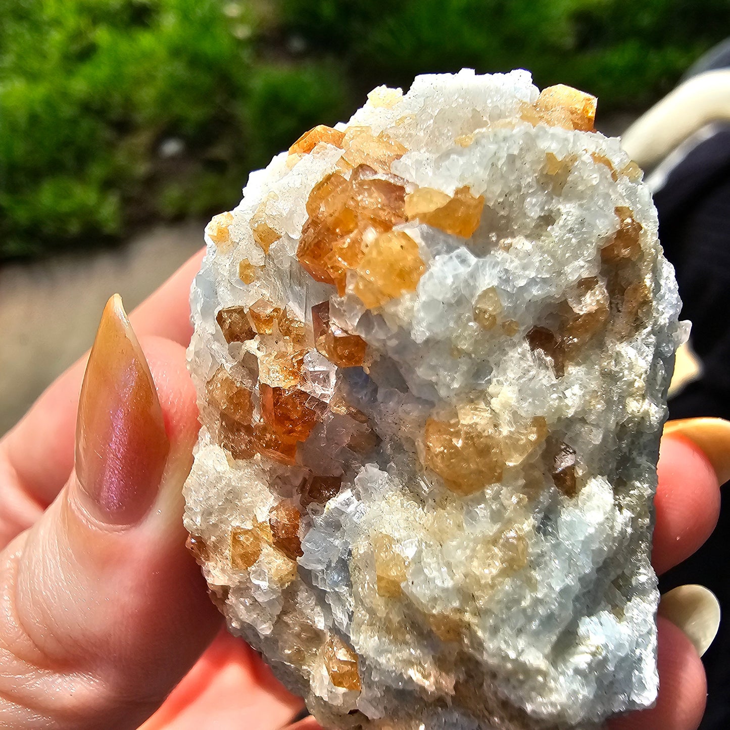 Orange Garnet on Blue Calcite, Rare Old Stock High Color Contrast, Natural Mineral Crystal Specimen from Kenya