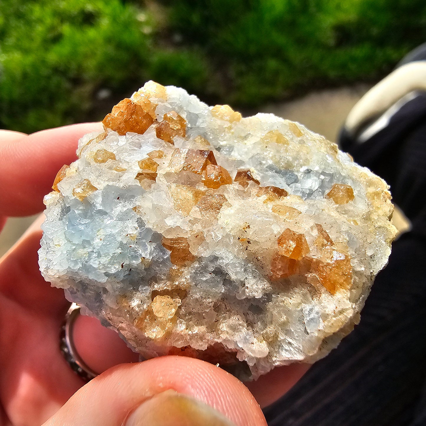 Orange Garnet on Blue Calcite, Rare Old Stock High Color Contrast, Natural Mineral Crystal Specimen from Kenya