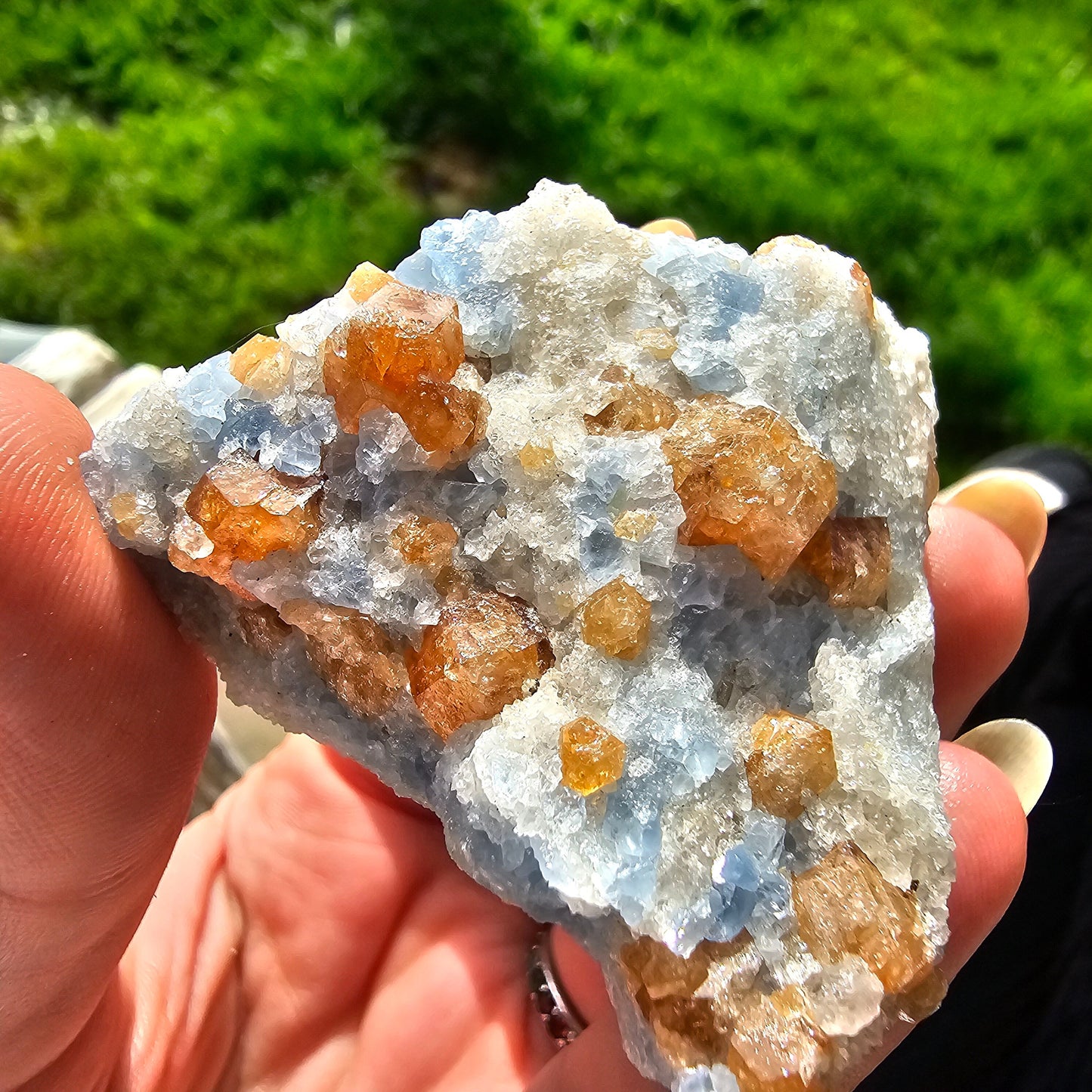 Orange Garnet on Blue Calcite, Rare Old Stock High Color Contrast, Natural Mineral Crystal Specimen from Kenya