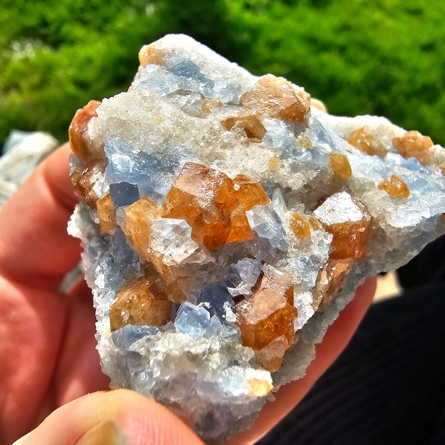 Orange Garnet on Blue Calcite, Rare Old Stock High Color Contrast, Natural Mineral Crystal Specimen from Kenya