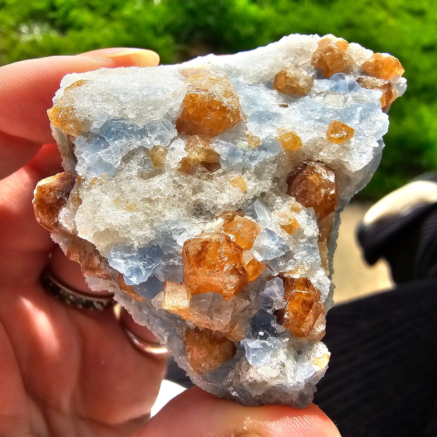 Orange Garnet on Blue Calcite, Rare Old Stock High Color Contrast, Natural Mineral Crystal Specimen from Kenya