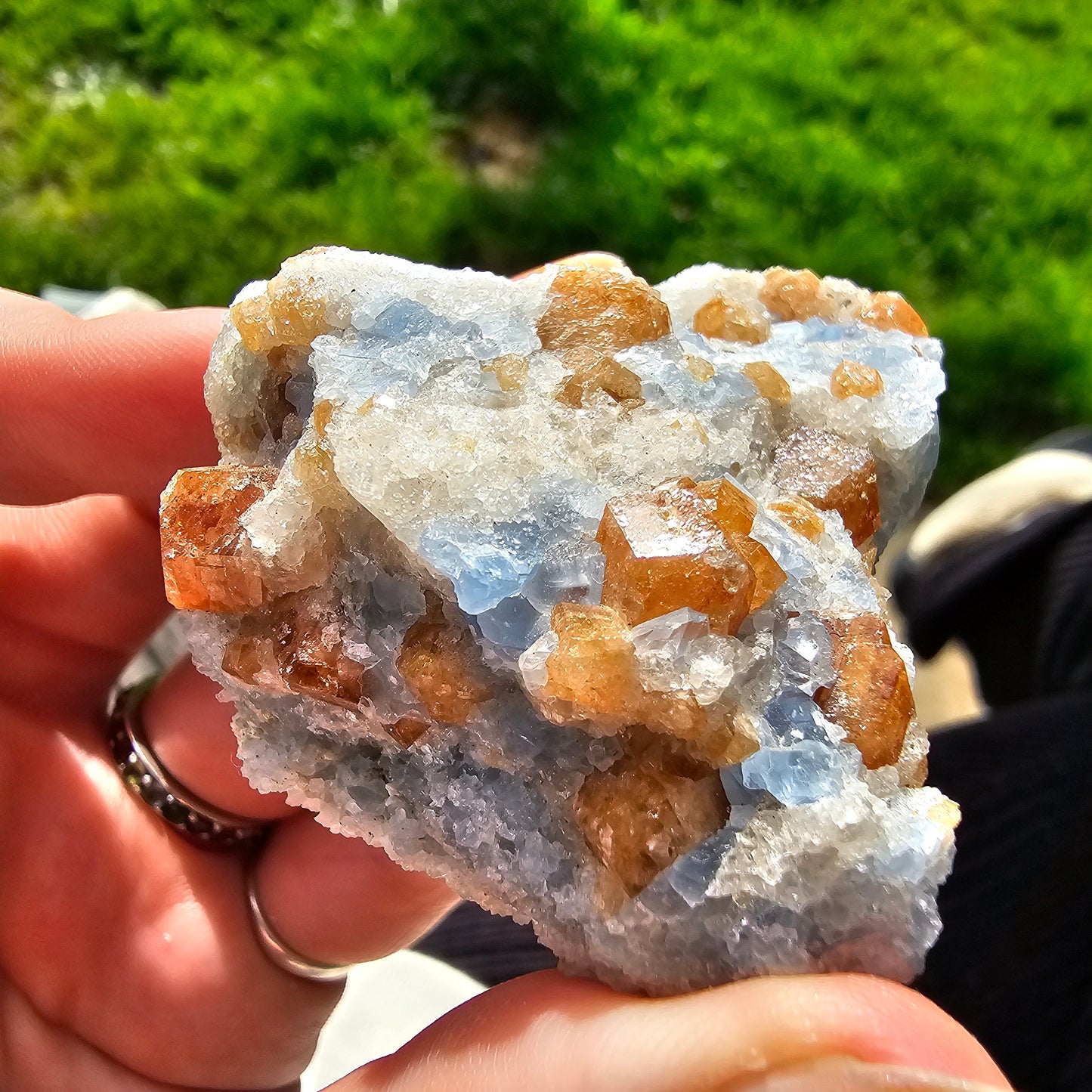 Orange Garnet on Blue Calcite, Rare Old Stock High Color Contrast, Natural Mineral Crystal Specimen from Kenya