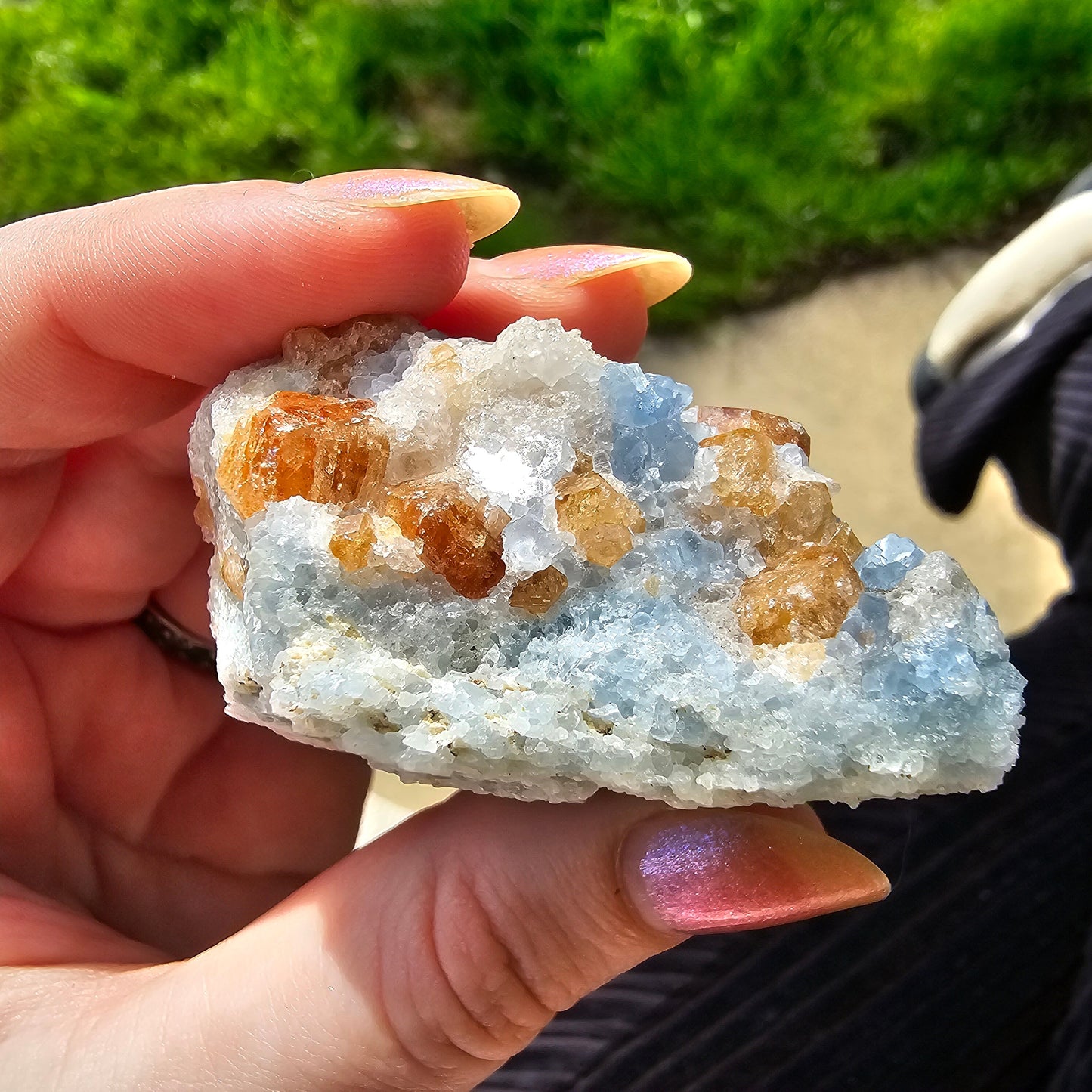 Orange Garnet on Blue Calcite, Rare Old Stock High Color Contrast, Natural Mineral Crystal Specimen from Kenya