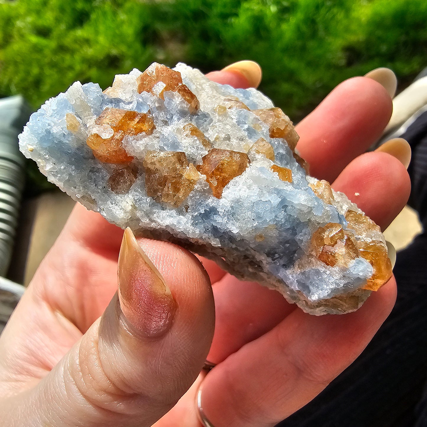 Orange Garnet on Blue Calcite, Rare Old Stock High Color Contrast, Natural Mineral Crystal Specimen from Kenya