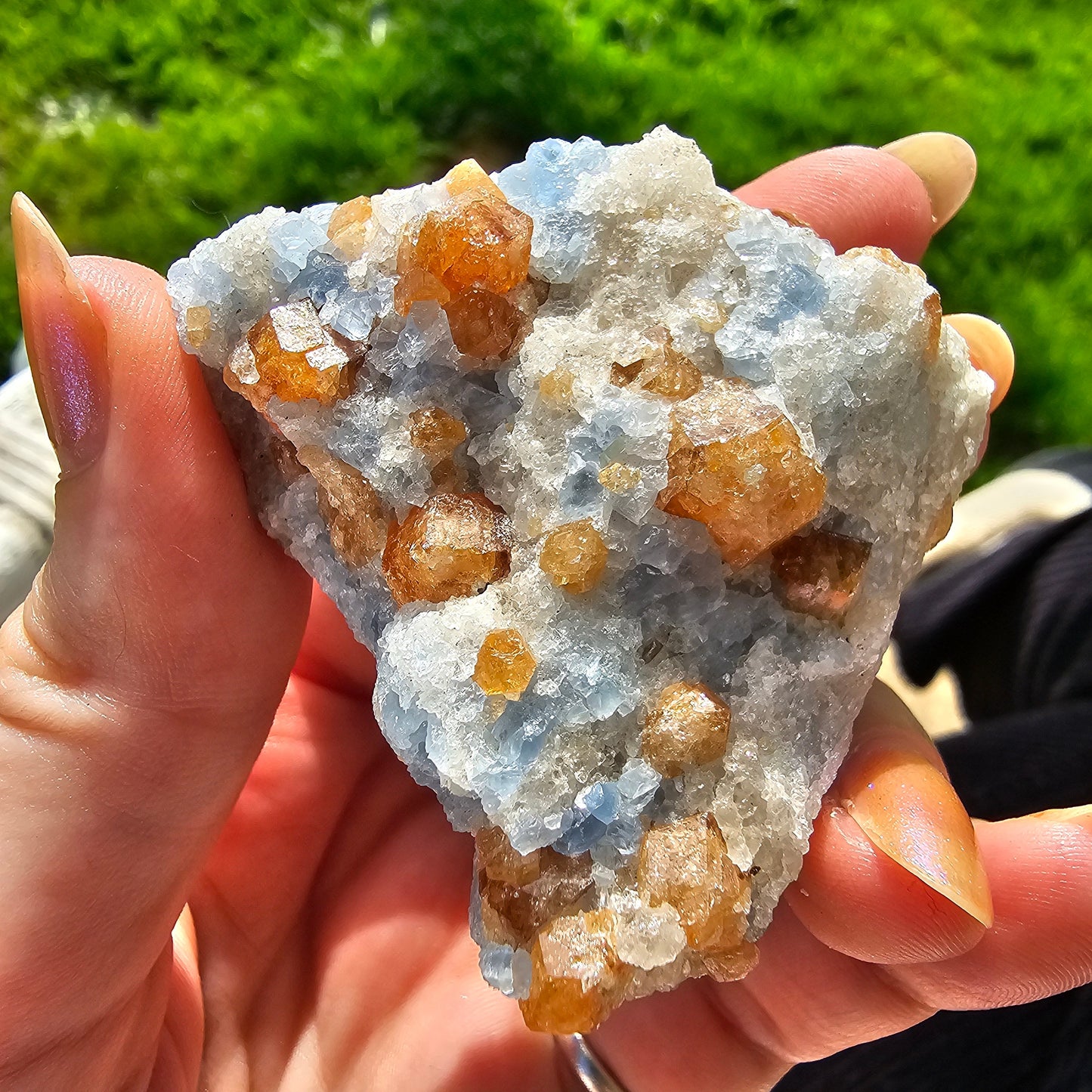 Orange Garnet on Blue Calcite, Rare Old Stock High Color Contrast, Natural Mineral Crystal Specimen from Kenya