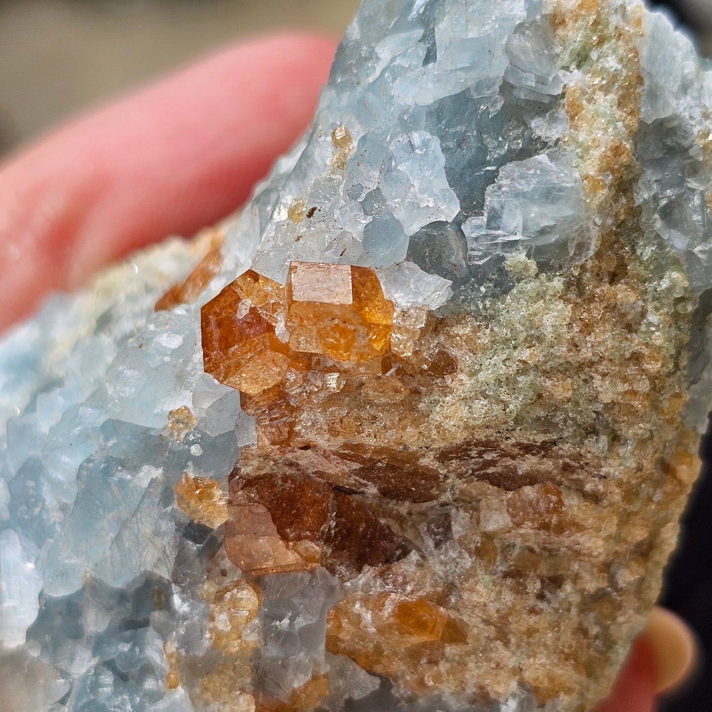 Orange Garnet on Blue Calcite, Rare Old Stock, Kenyan, Great Contrast, Rough Raw Mineral Collector Specimen, Unique January Birthstone