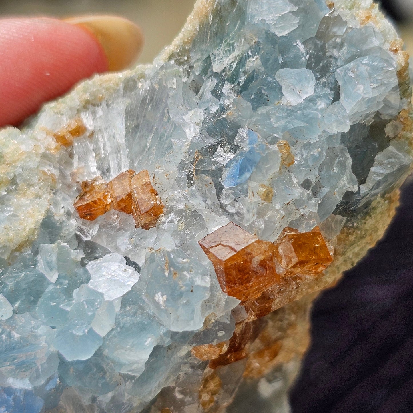 Orange Garnet on Blue Calcite, Rare Old Stock, Kenyan, Great Contrast, Rough Raw Mineral Collector Specimen, Unique January Birthstone