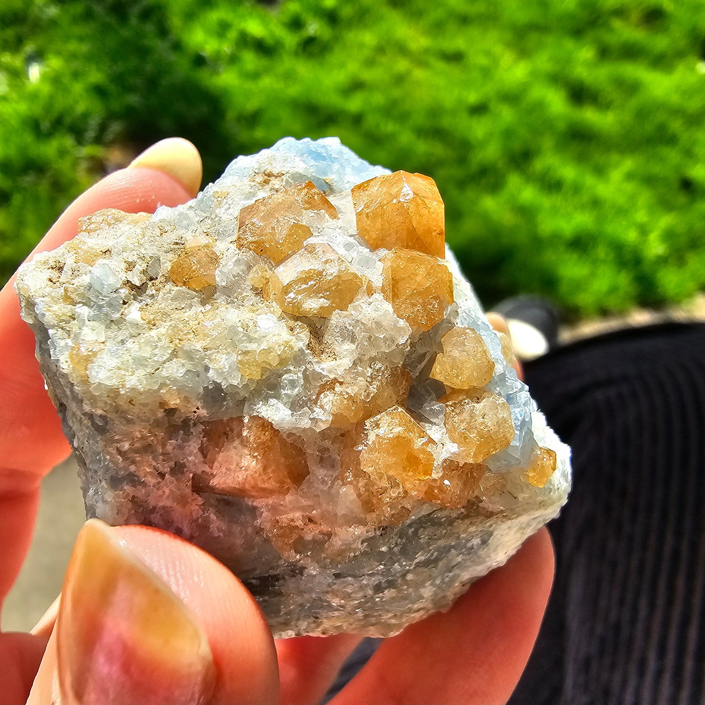 Orange Garnet on Blue Calcite, Rare Old Stock High Color Contrast, Natural Mineral Crystal Specimen from Kenya