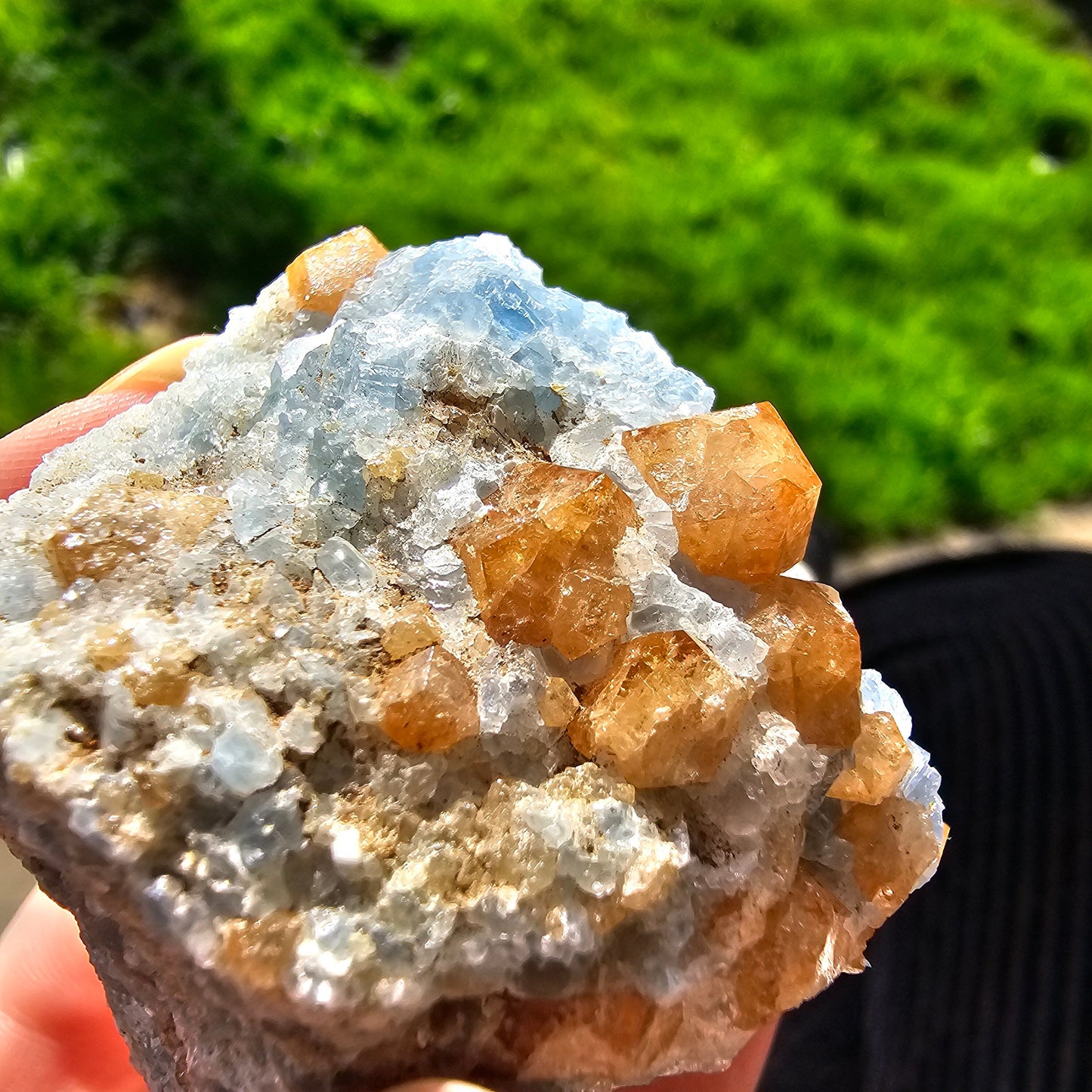 Orange Garnet on Blue Calcite, Rare Old Stock High Color Contrast, Natural Mineral Crystal Specimen from Kenya