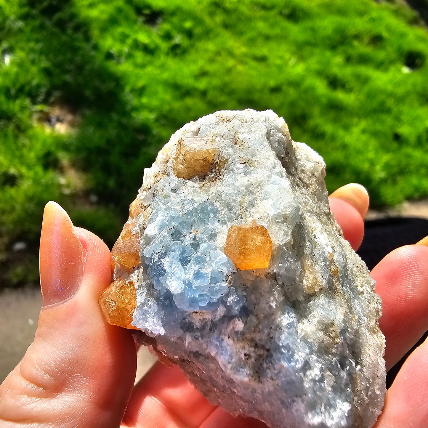 Orange Garnet on Blue Calcite, Rare Old Stock High Color Contrast, Natural Mineral Crystal Specimen from Kenya