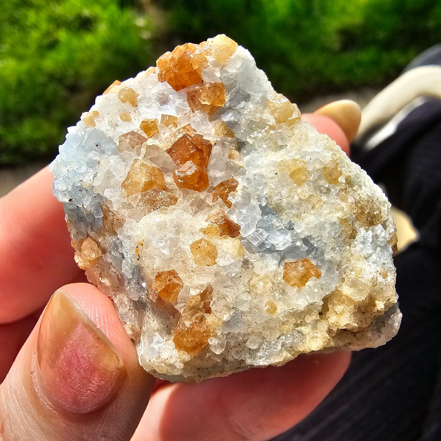Orange Garnet on Blue Calcite, Rare Old Stock High Color Contrast, Natural Mineral Crystal Specimen from Kenya