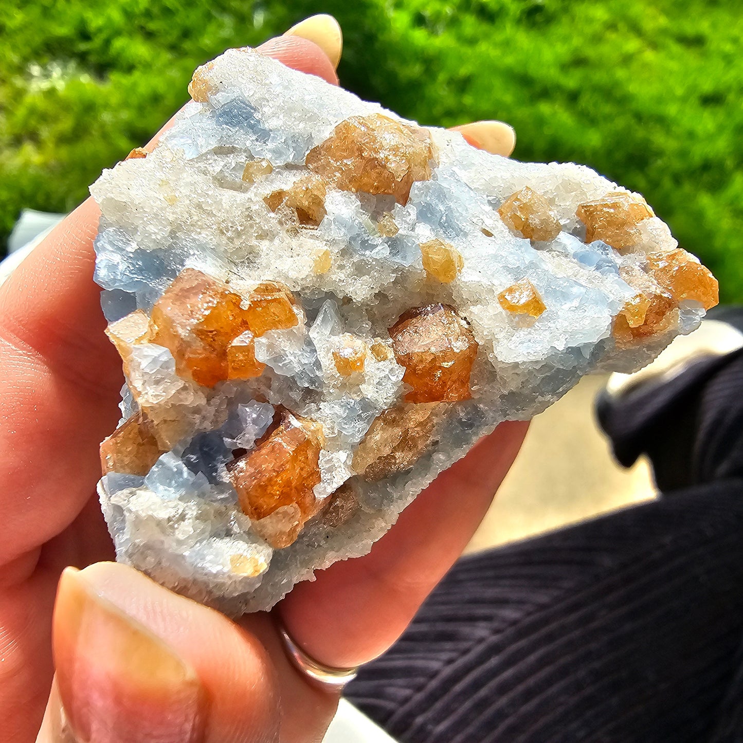 Orange Garnet on Blue Calcite, Rare Old Stock High Color Contrast, Natural Mineral Crystal Specimen from Kenya