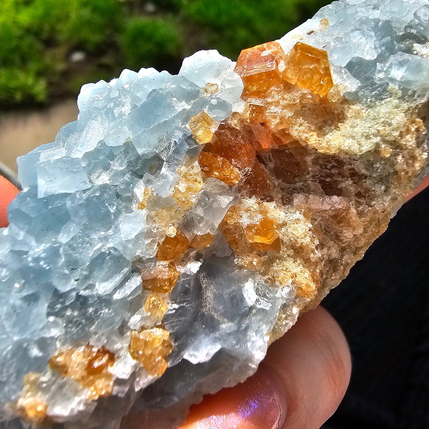 Orange Garnet on Blue Calcite, Rare Old Stock, Kenyan, Great Contrast, Rough Raw Mineral Collector Specimen, Unique January Birthstone