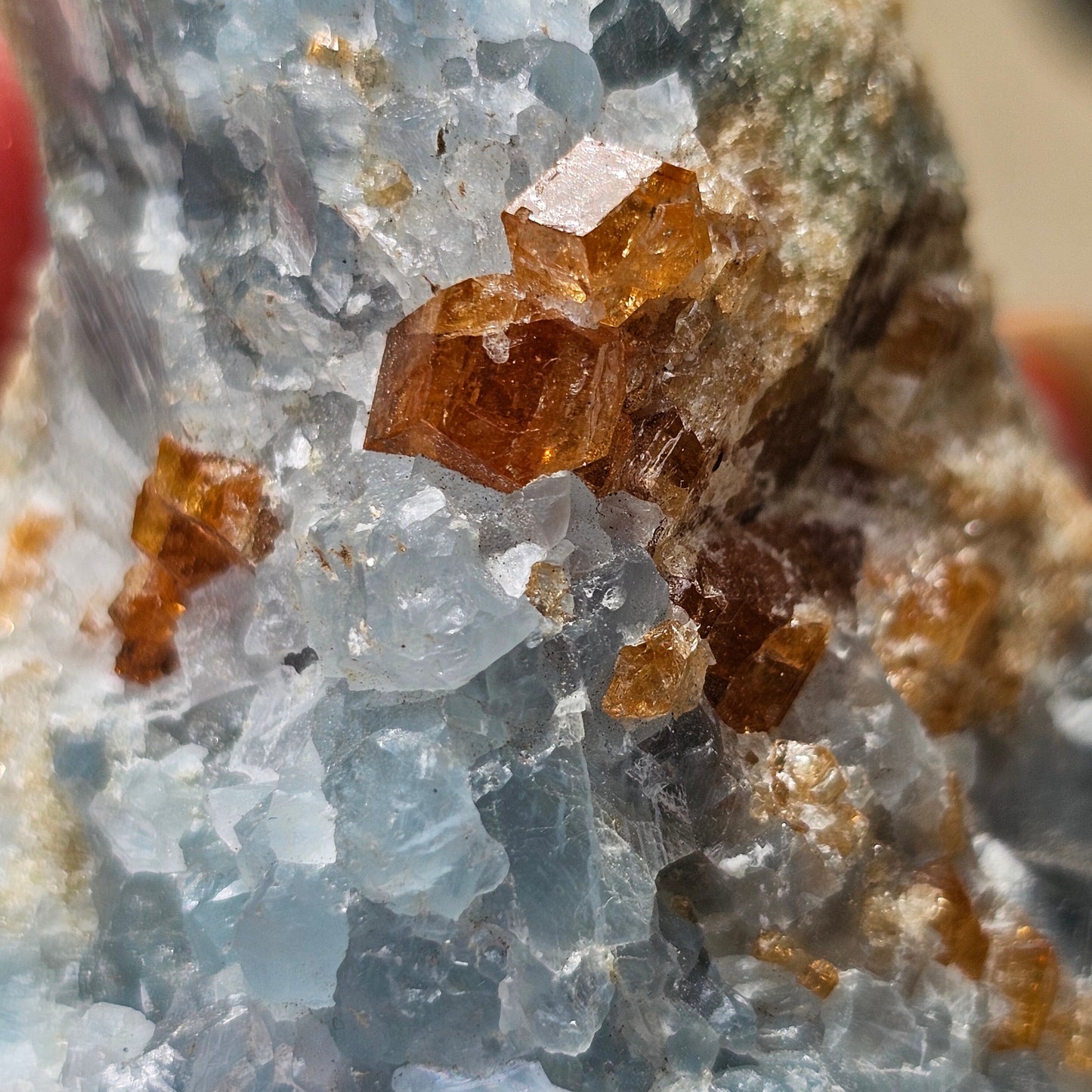 Orange Garnet on Blue Calcite, Rare Old Stock, Kenyan, Great Contrast, Rough Raw Mineral Collector Specimen, Unique January Birthstone