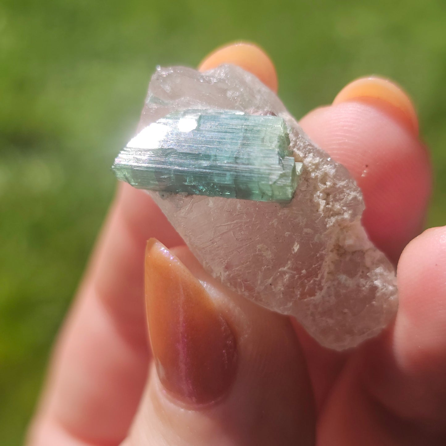 Blue Tourmaline on Quartz, 7.7g Crystal Combo, Indicolite and Rubellite on Clear Quartz, Terminated Crystals, Catseye Chatoyant Gem, Brazil