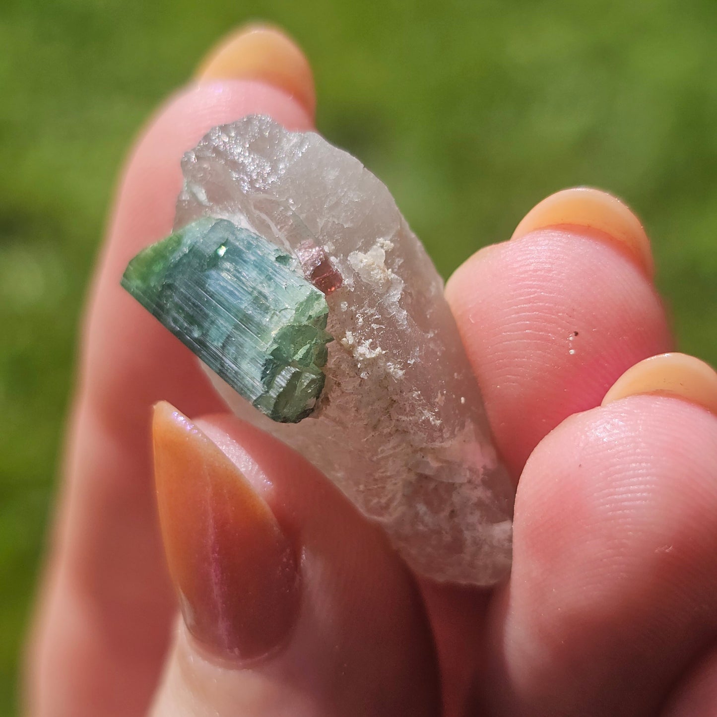 Blue Tourmaline on Quartz, 7.7g Crystal Combo, Indicolite and Rubellite on Clear Quartz, Terminated Crystals, Catseye Chatoyant Gem, Brazil