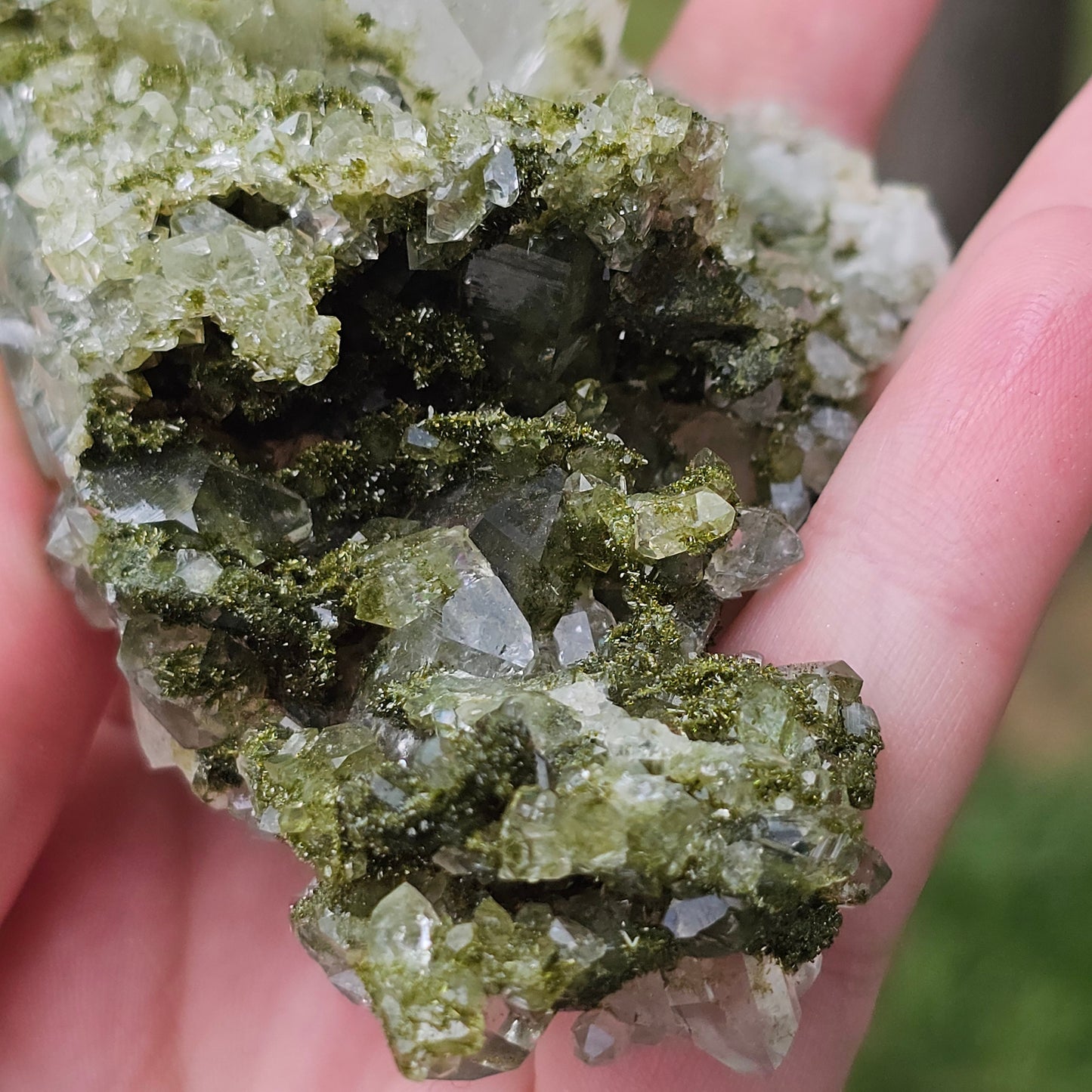 Epidote with Clear Quartz, Museum Worthy, High Grade Crystal Combo, Sparkly Druzy Dark Green Epidote, Perfect Clusters, Double Terminated