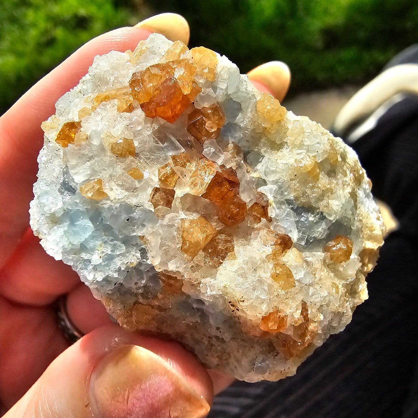 Orange Garnet on Blue Calcite, Rare Old Stock High Color Contrast, Natural Mineral Crystal Specimen from Kenya