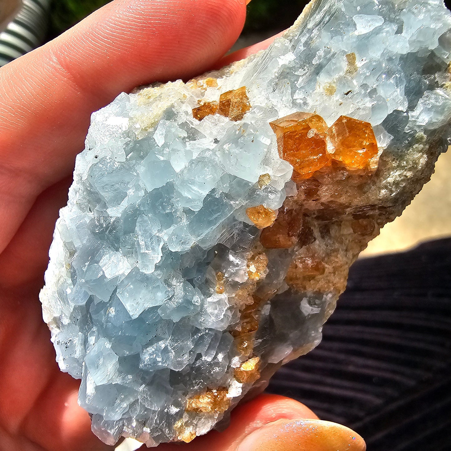 Orange Garnet on Blue Calcite, Rare Old Stock, Kenyan, Great Contrast, Rough Raw Mineral Collector Specimen, Unique January Birthstone