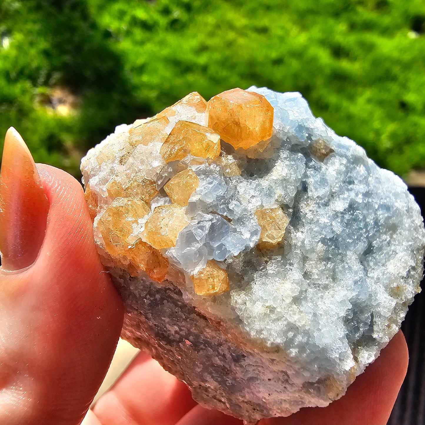 Orange Garnet on Blue Calcite, Rare Old Stock High Color Contrast, Natural Mineral Crystal Specimen from Kenya
