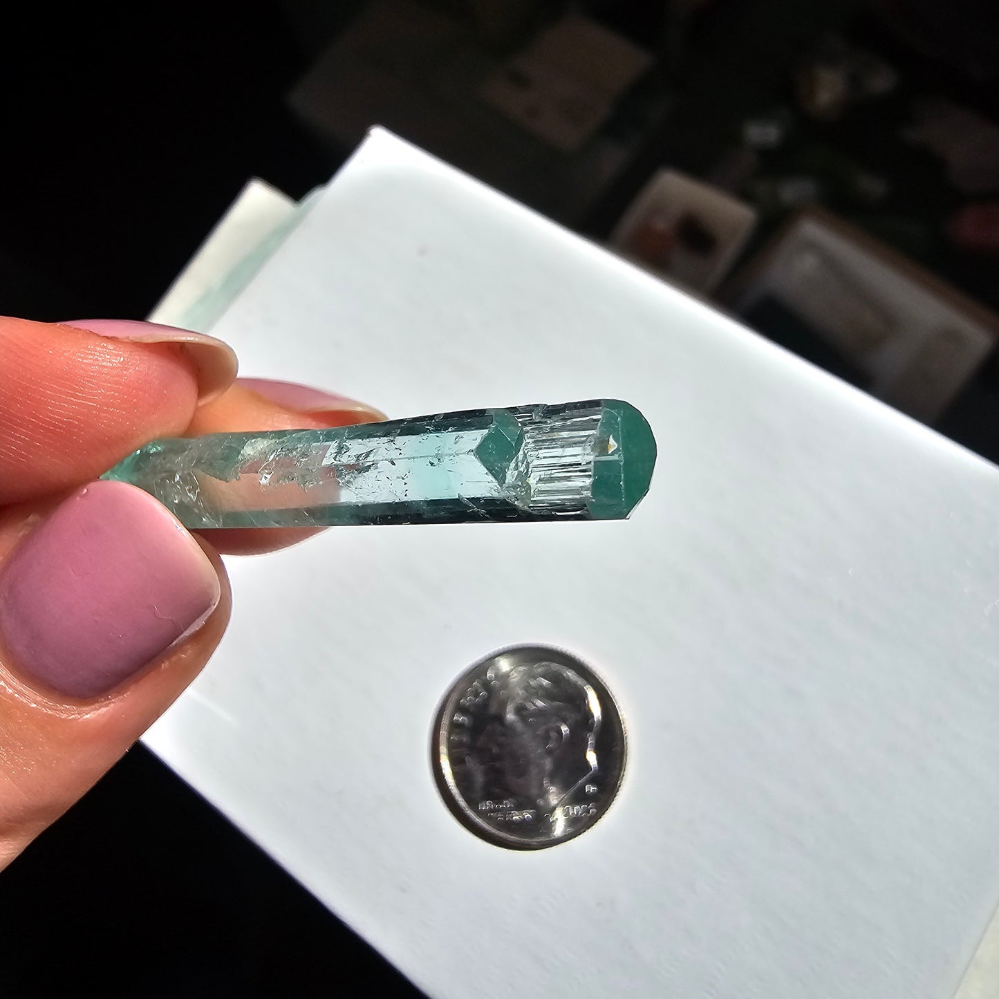 15.5ct Vanadium Beryl Pencil, Natural Terminated Crystal, Rare Banded Emerald, Aquamarine, Bright Neon Gem, Genuine Collector Gemstone