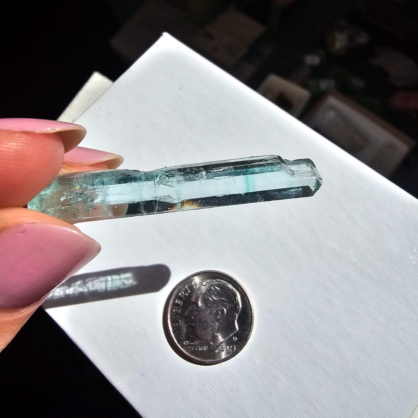 15.5ct Vanadium Beryl Pencil, Natural Terminated Crystal, Rare Banded Emerald, Aquamarine, Bright Neon Gem, Genuine Collector Gemstone