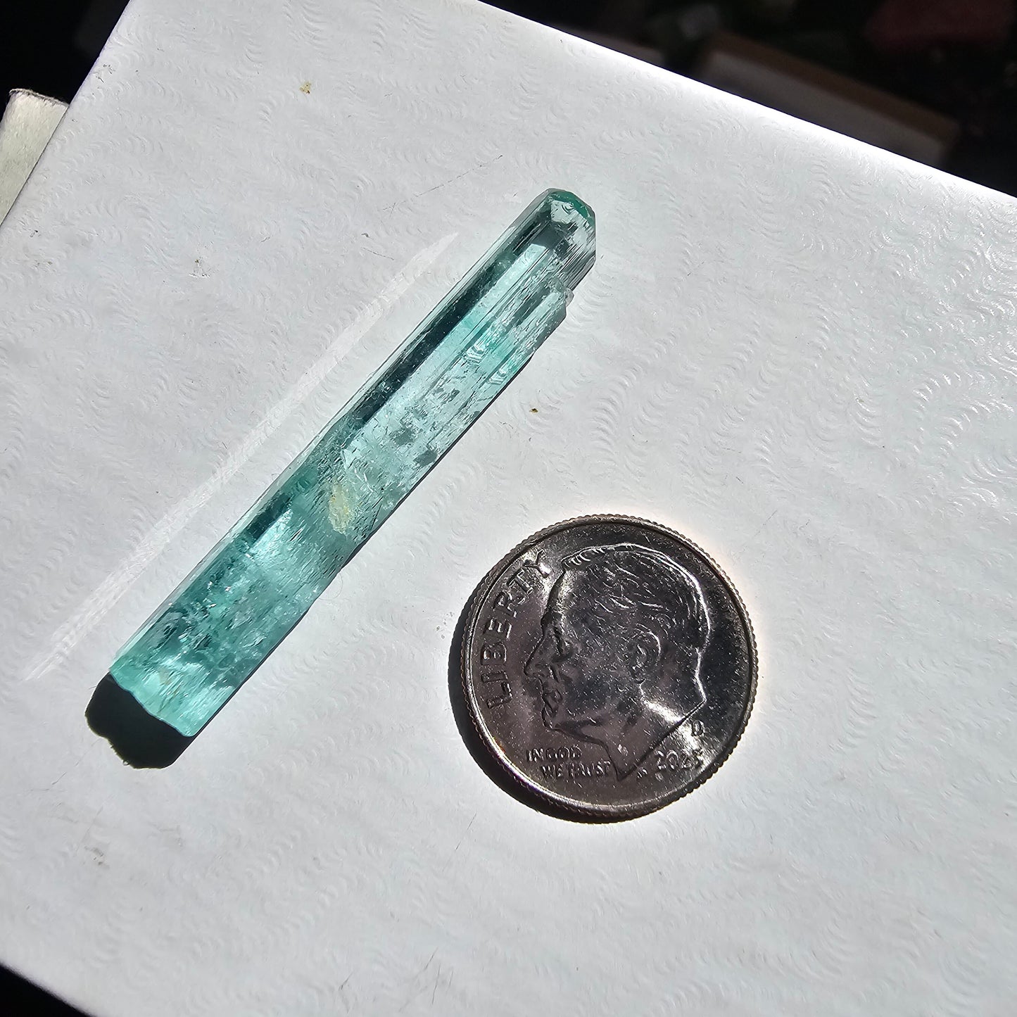 15.5ct Vanadium Beryl Pencil, Natural Terminated Crystal, Rare Banded Emerald, Aquamarine, Bright Neon Gem, Genuine Collector Gemstone