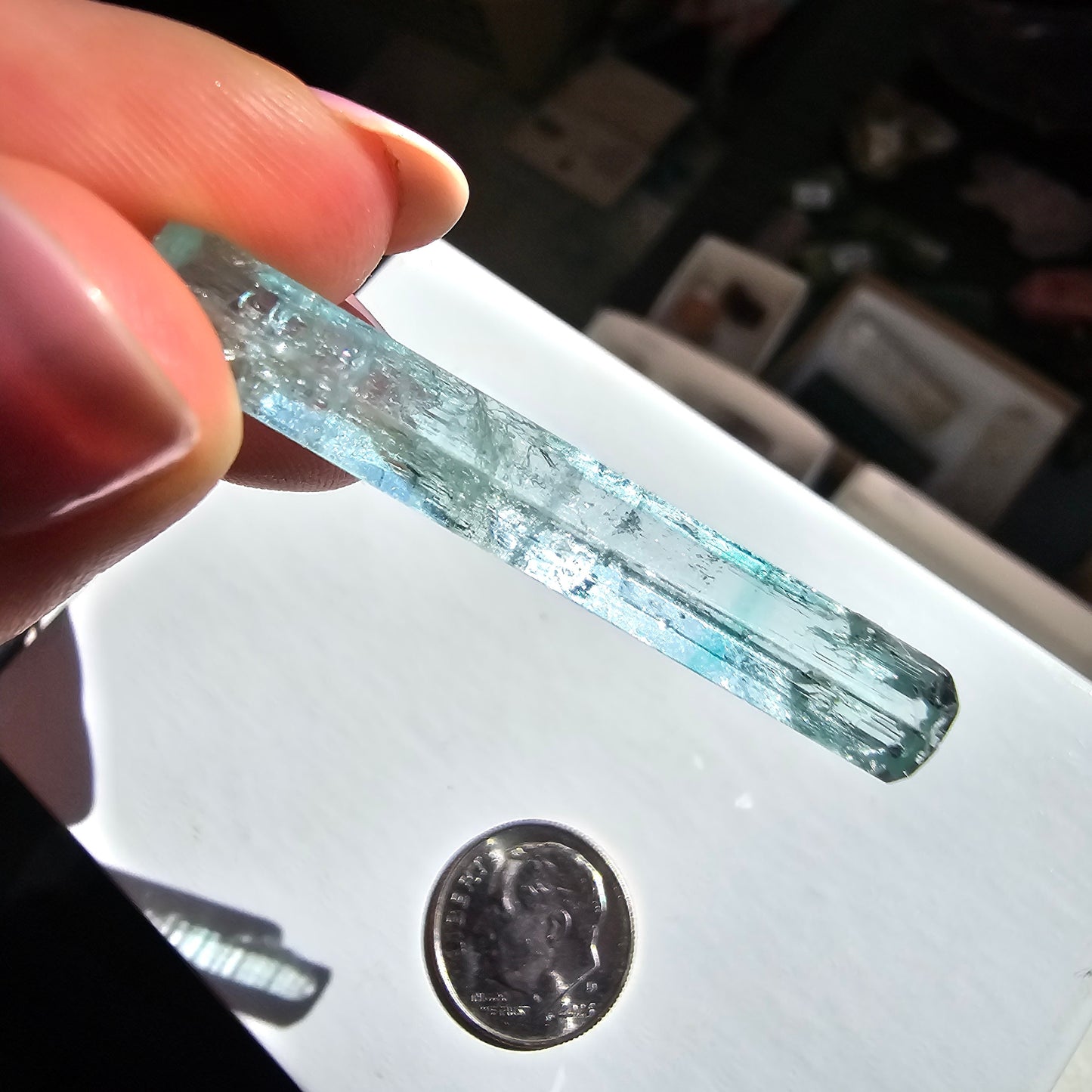 15.5ct Vanadium Beryl Pencil, Natural Terminated Crystal, Rare Banded Emerald, Aquamarine, Bright Neon Gem, Genuine Collector Gemstone