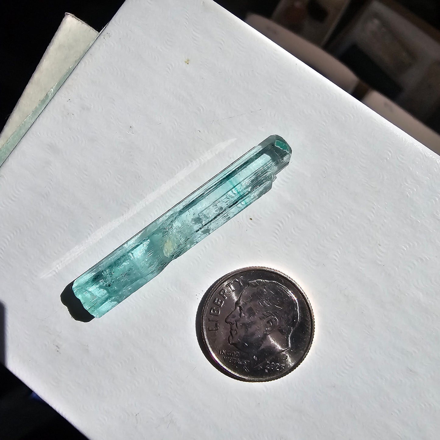 15.5ct Vanadium Beryl Pencil, Natural Terminated Crystal, Rare Banded Emerald, Aquamarine, Bright Neon Gem, Genuine Collector Gemstone