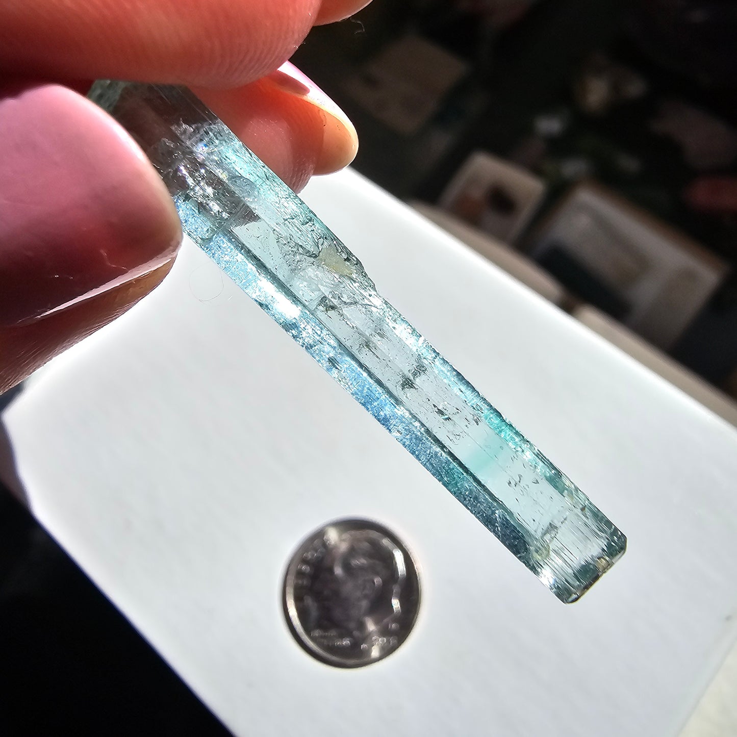 15.5ct Vanadium Beryl Pencil, Natural Terminated Crystal, Rare Banded Emerald, Aquamarine, Bright Neon Gem, Genuine Collector Gemstone