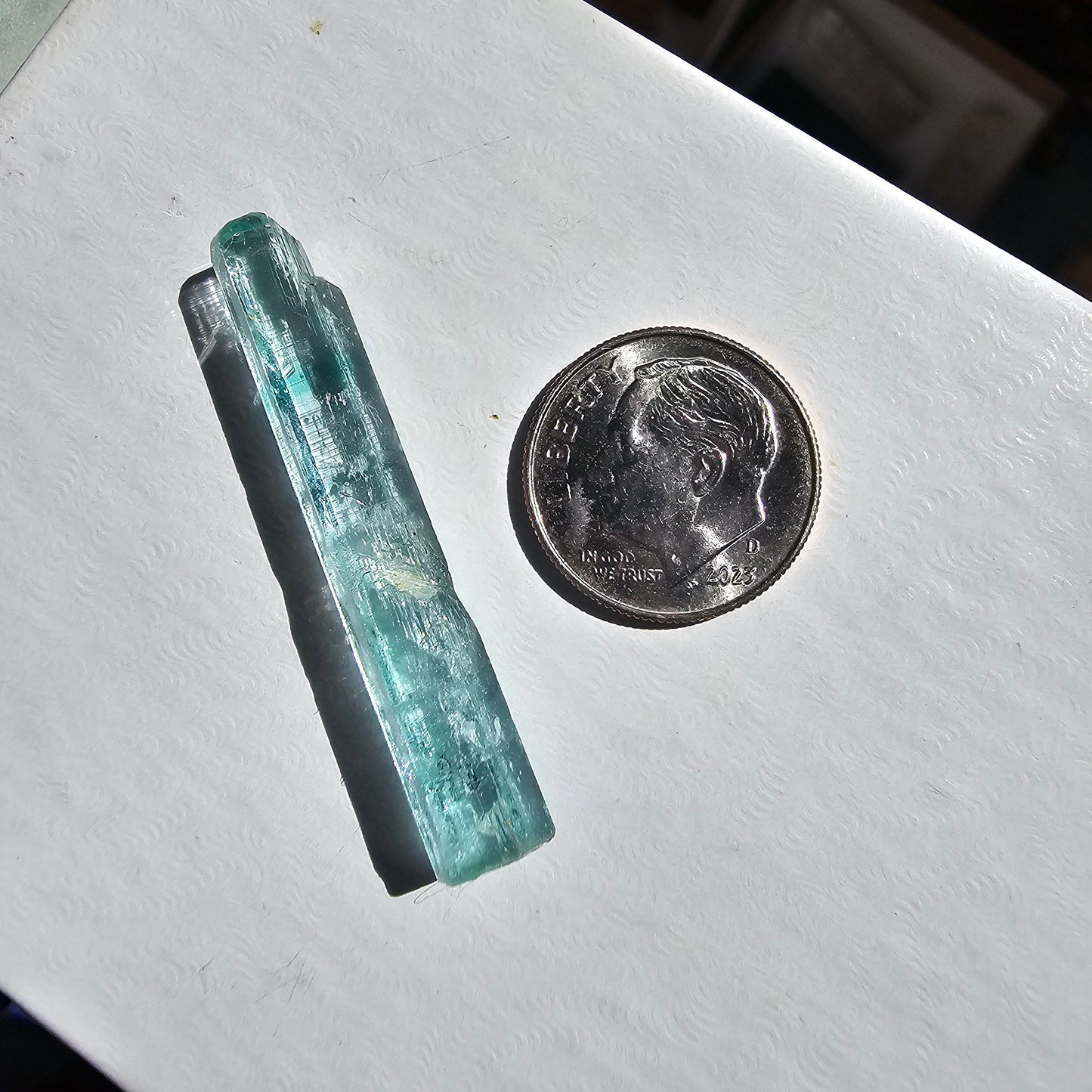 15.5ct Vanadium Beryl Pencil, Natural Terminated Crystal, Rare Banded Emerald, Aquamarine, Bright Neon Gem, Genuine Collector Gemstone